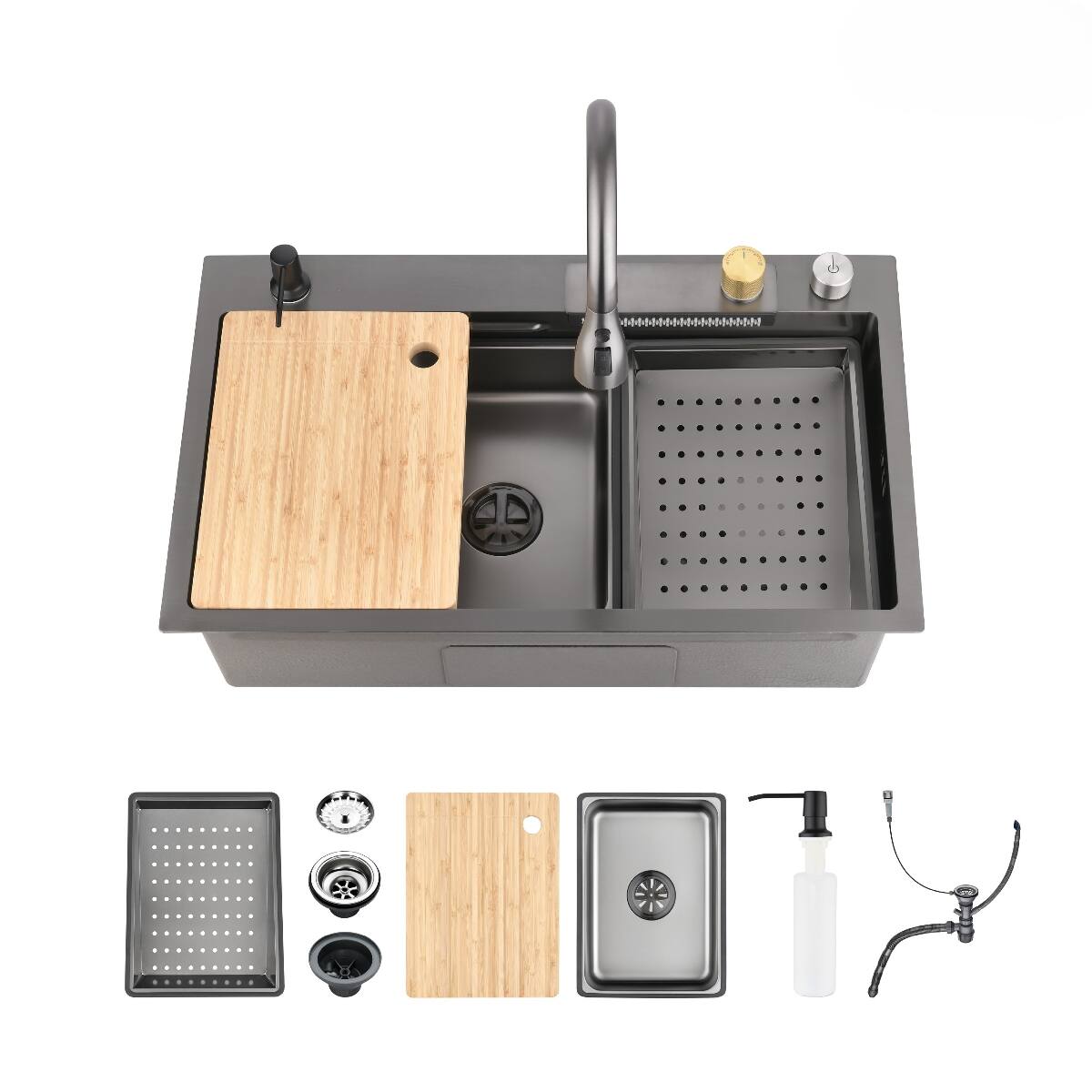 Front. Ropilly - Ropilly Waterfall Kitchen Sink Black Stainless Steel Single Bowl Sink 30 x 22 Inch Overmount Workstation - Black.