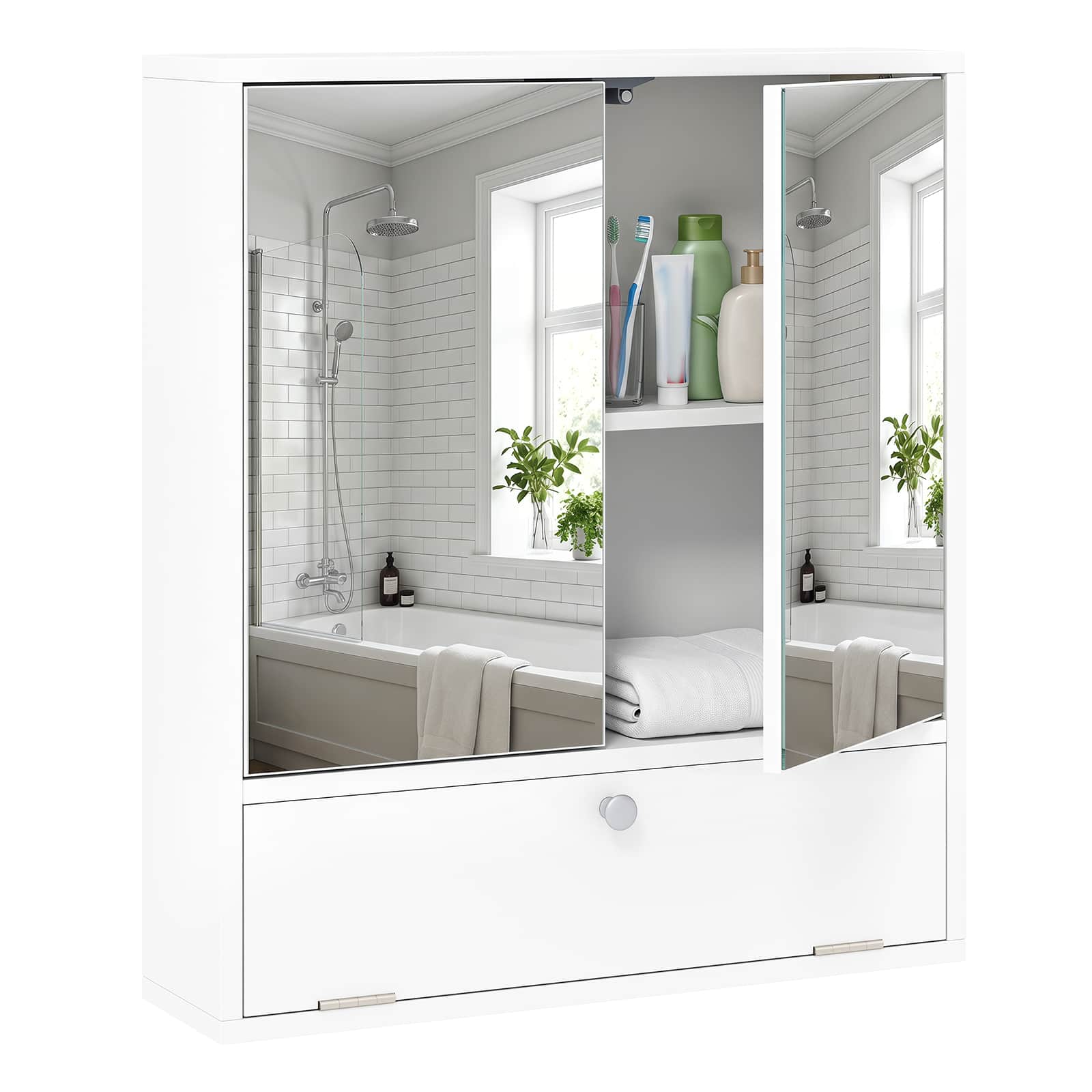 Costway - Bathroom Cabinet Medicine Cabinet Double Mirror Door Wall Mount Storage Wood Shelf - White