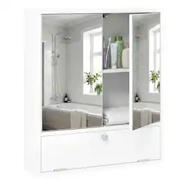 Costway - Bathroom Cabinet Medicine Cabinet Double Mirror Door Wall Mount Storage Wood Shelf - White
