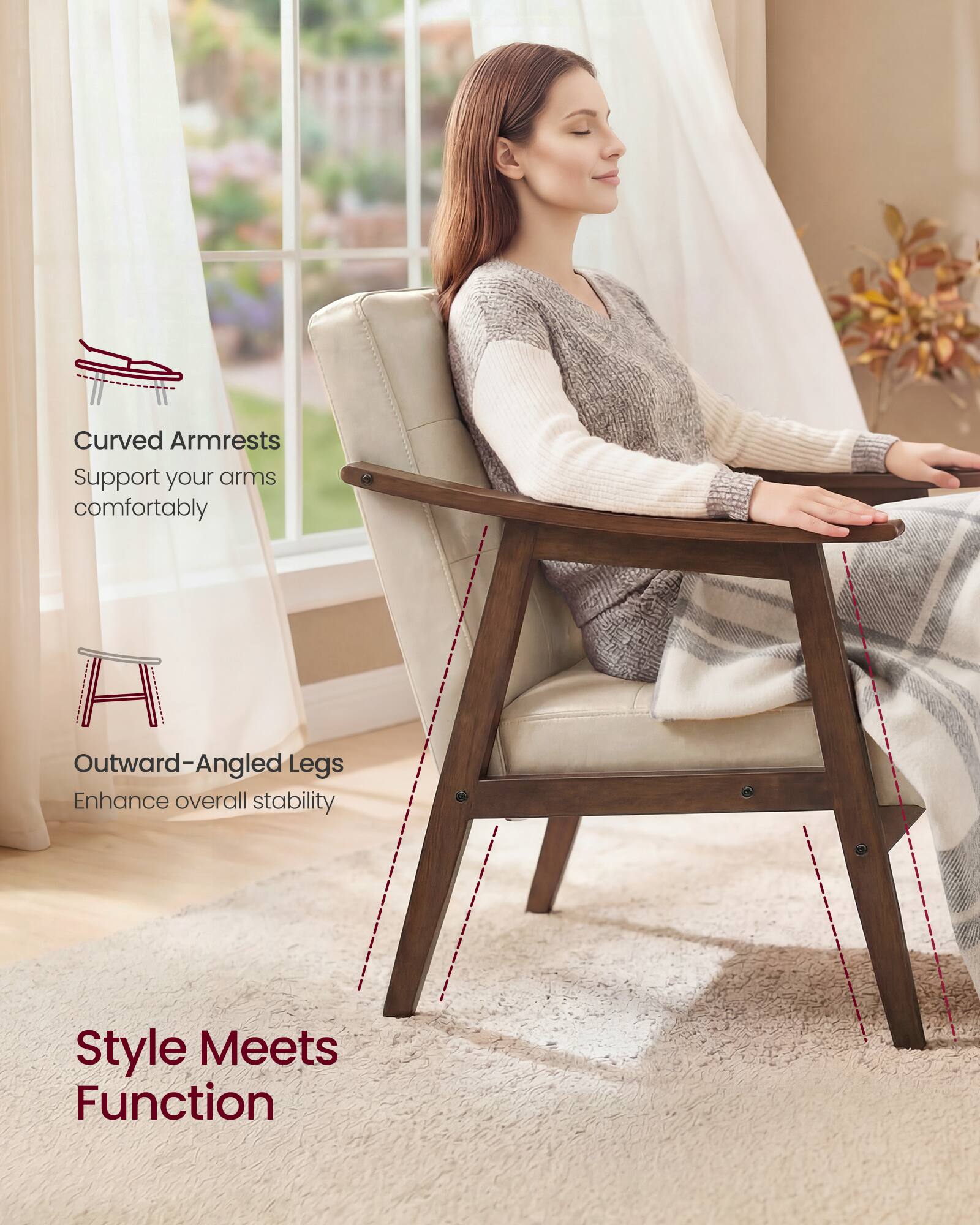 Curved Armrests  
Support your arms comfortably  

Outward-Angled Legs  
Enhance overall stability  

Style Meets Function