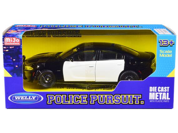 Sure, here is the corrected and grouped text from the image:
---
**MiJo Exclusives**
**1:24 2010 Dodge Charger Pursuit**
**POLICE PURSUIT**
**DIE CAST METAL WITH PLASTIC PARTS**
**WELLY**
**13+ Scale Model**
---
This text is organized to reflect the information on the packaging accurately.
