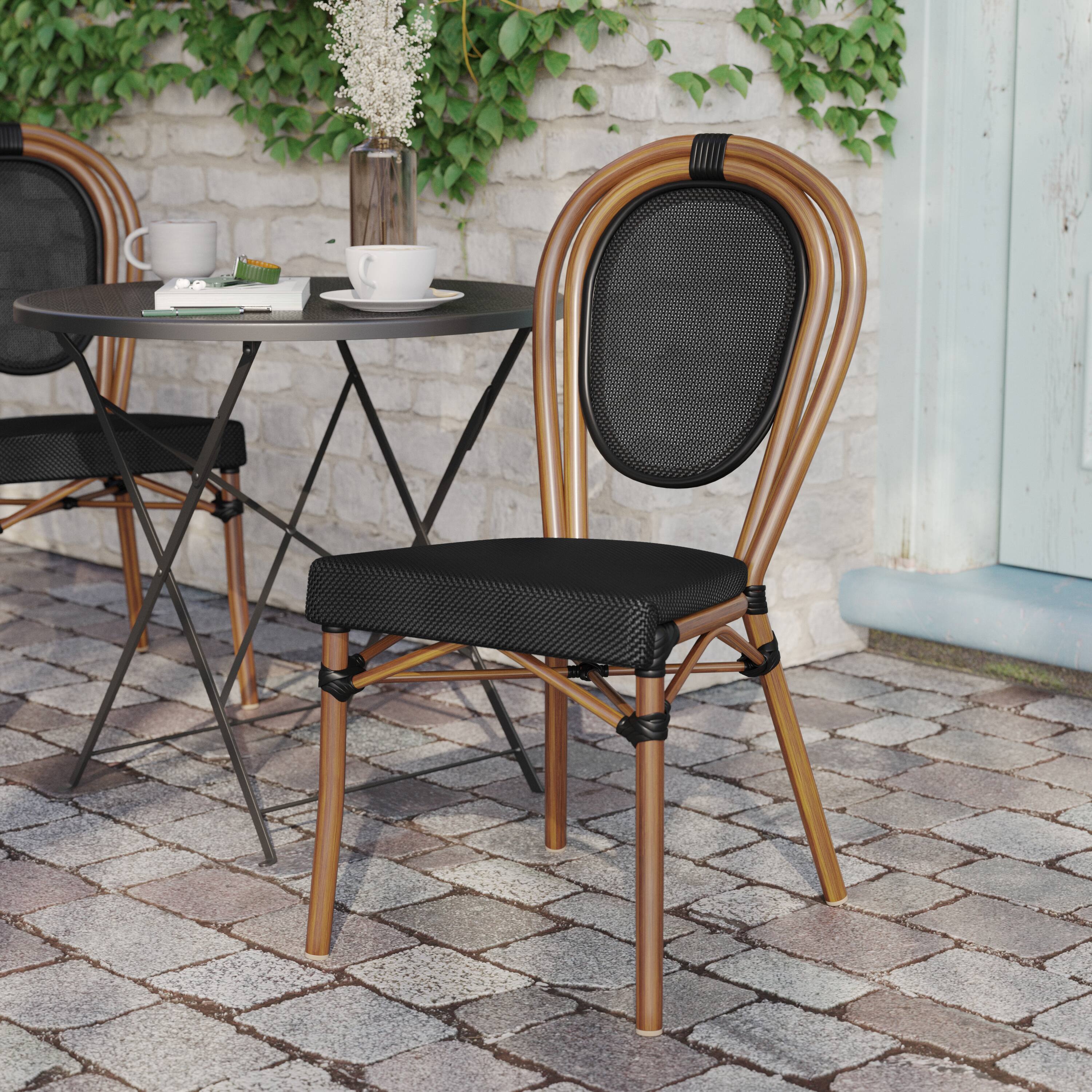 Alt View 2. Flash Furniture - Marseille Indoor/Outdoor Commercial Thonet Bistro Stacking Chair, Black Textilene and Bamboo Print Aluminum Frame in Nat - Black.