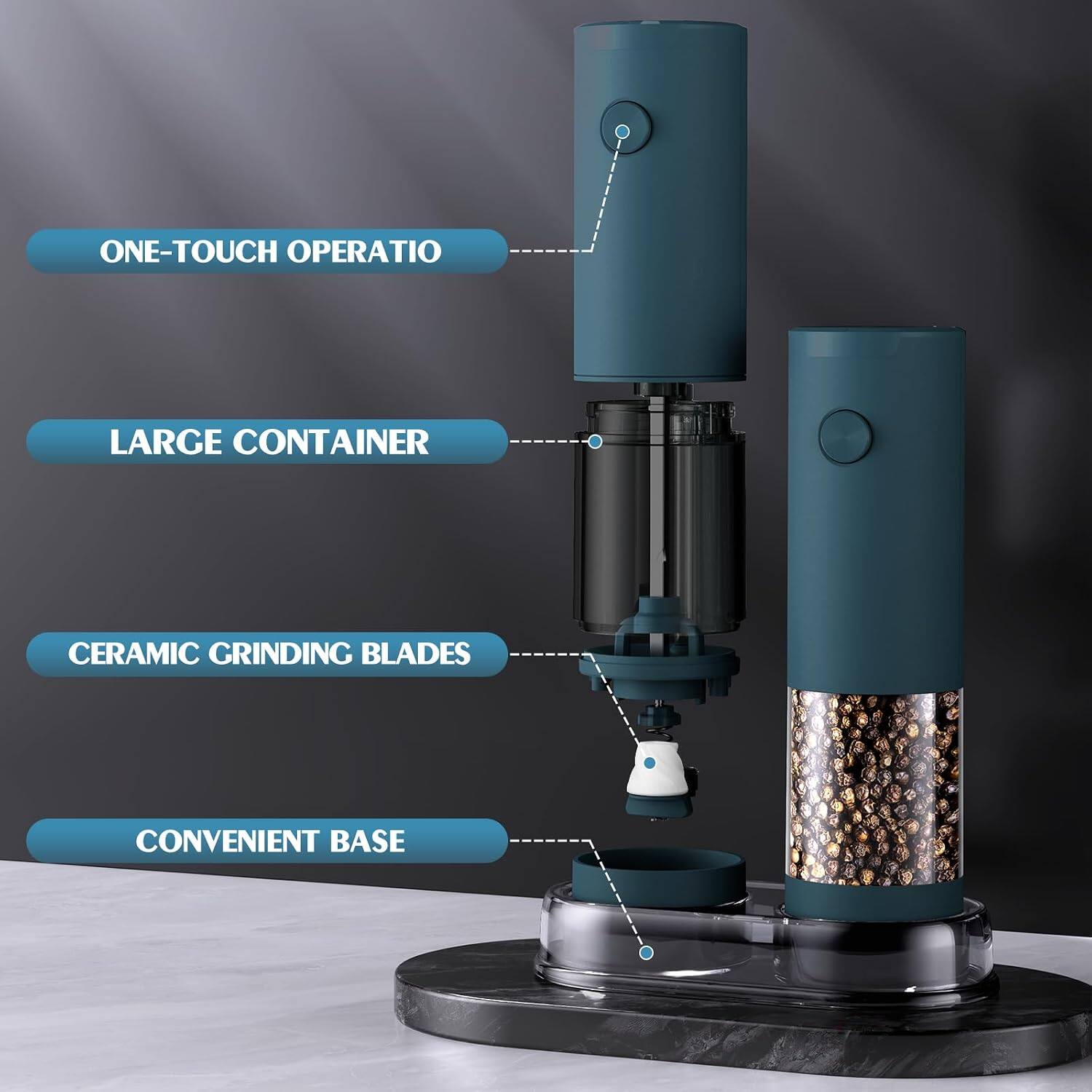 ONE-TOUCH OPERATION  
LARGE CONTAINER  
CERAMIC GRINDING BLADES  
CONVENIENT BASE