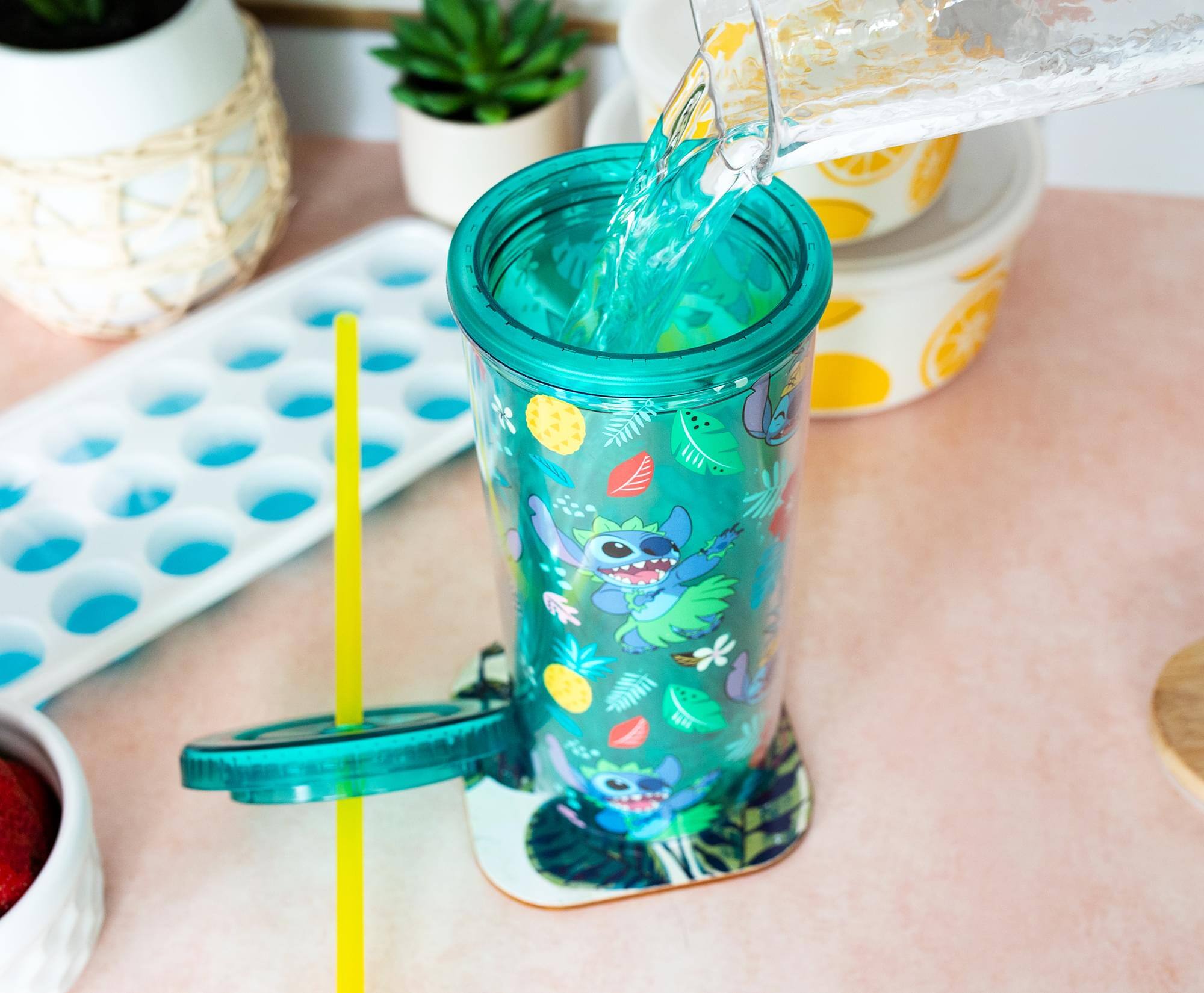 Alt View 3. Silver Buffalo - Disney Lilo & Stitch Tropical Summer Icons Carnival Cup with Lid and Straw - Blue.