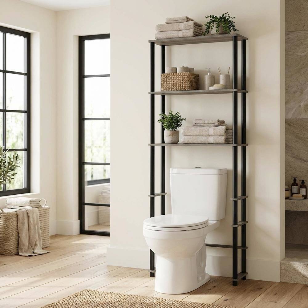 Left. FurniFact - Toilet Space Saver with 3 Shelves in Grey and Black for Bathroom Organization - French Oak Grey/Black.