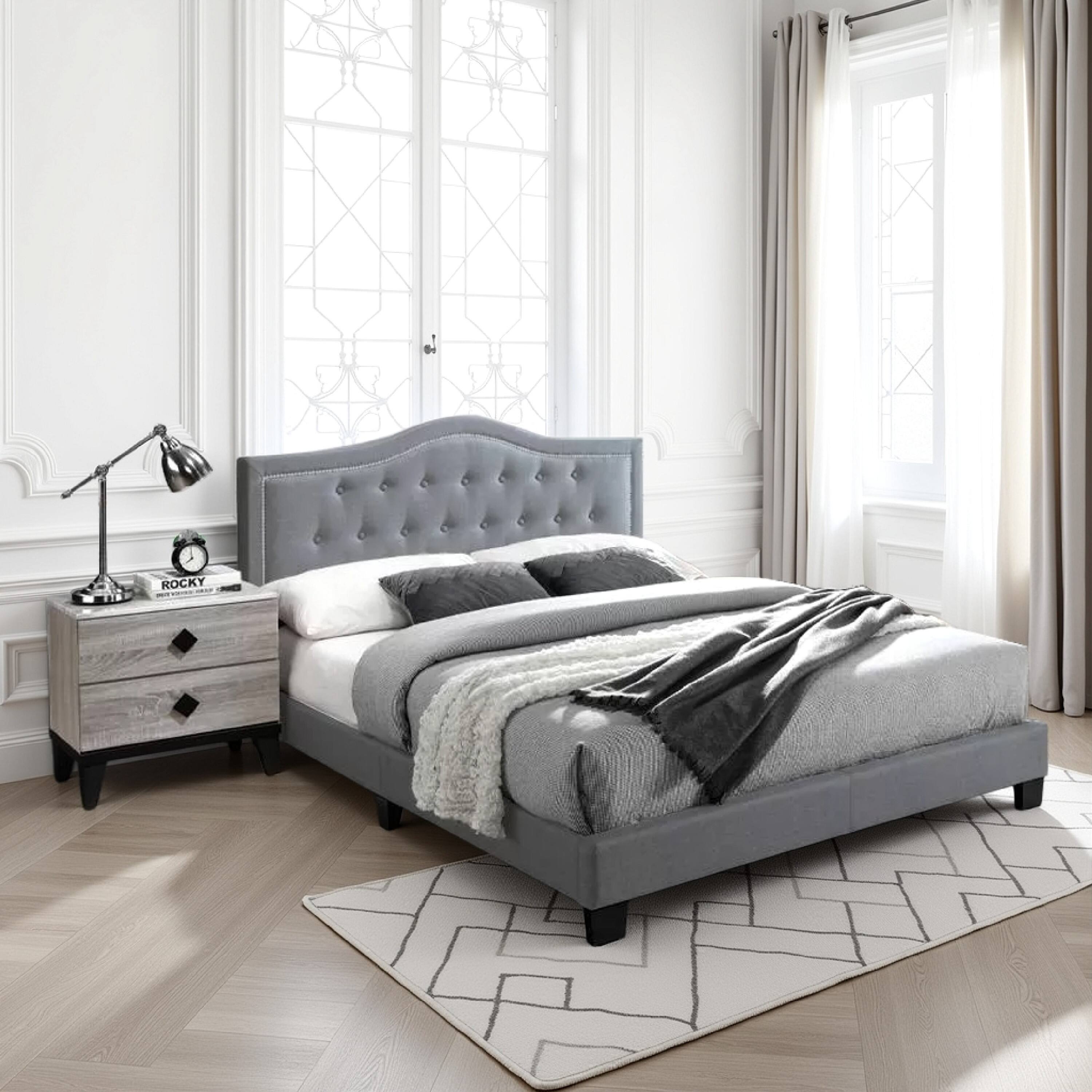 Alt View 5. Manhattan Lane - Button Tufted Full Velvet Bed with Curved Headboard - Gray.