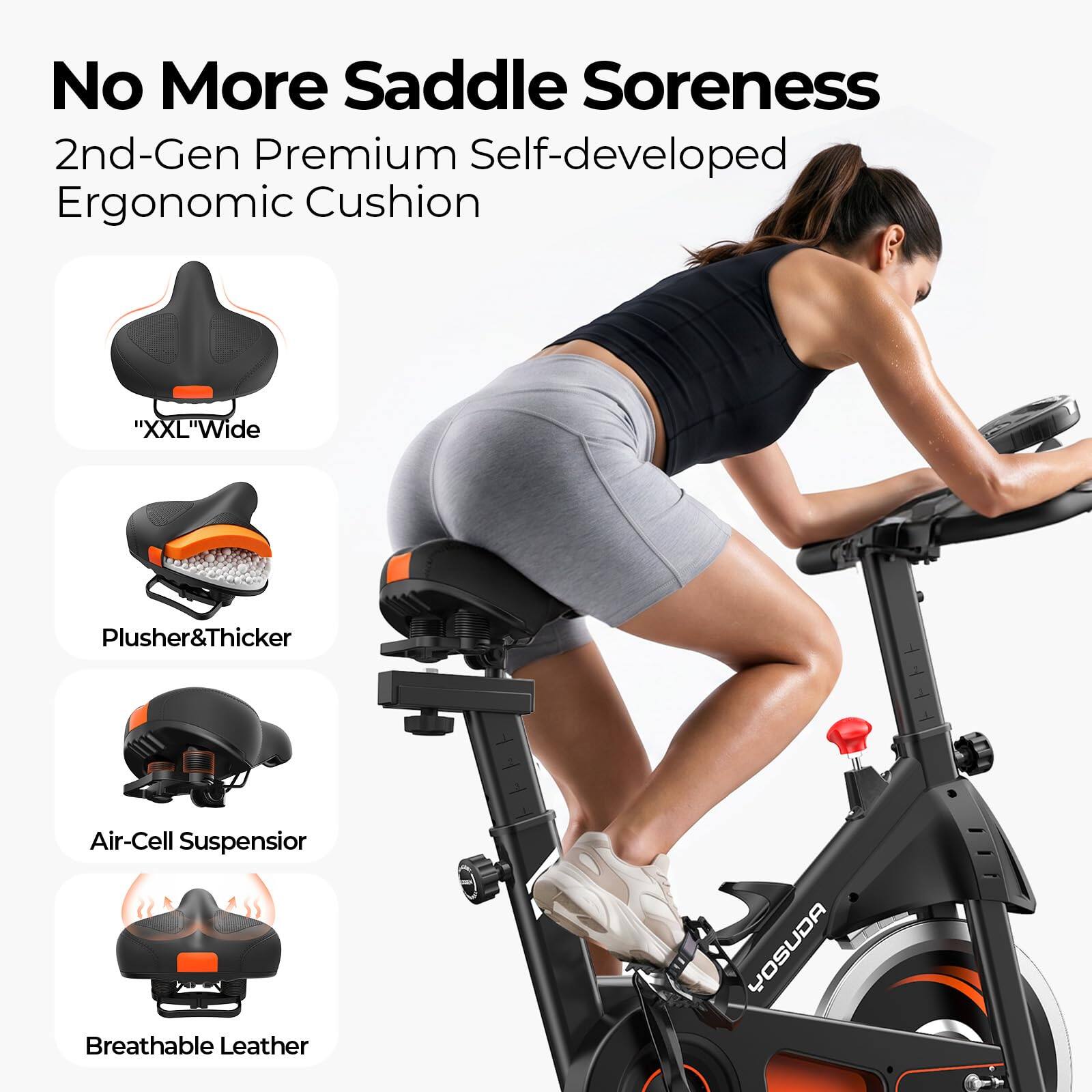 No More Saddle Soreness  
2nd-Gen Premium Self-developed Ergonomic Cushion  
"XXL" Wide  
Plusher & Thicker  
Air-Cell Suspensor  
Breathable Leather  
YOSUDA