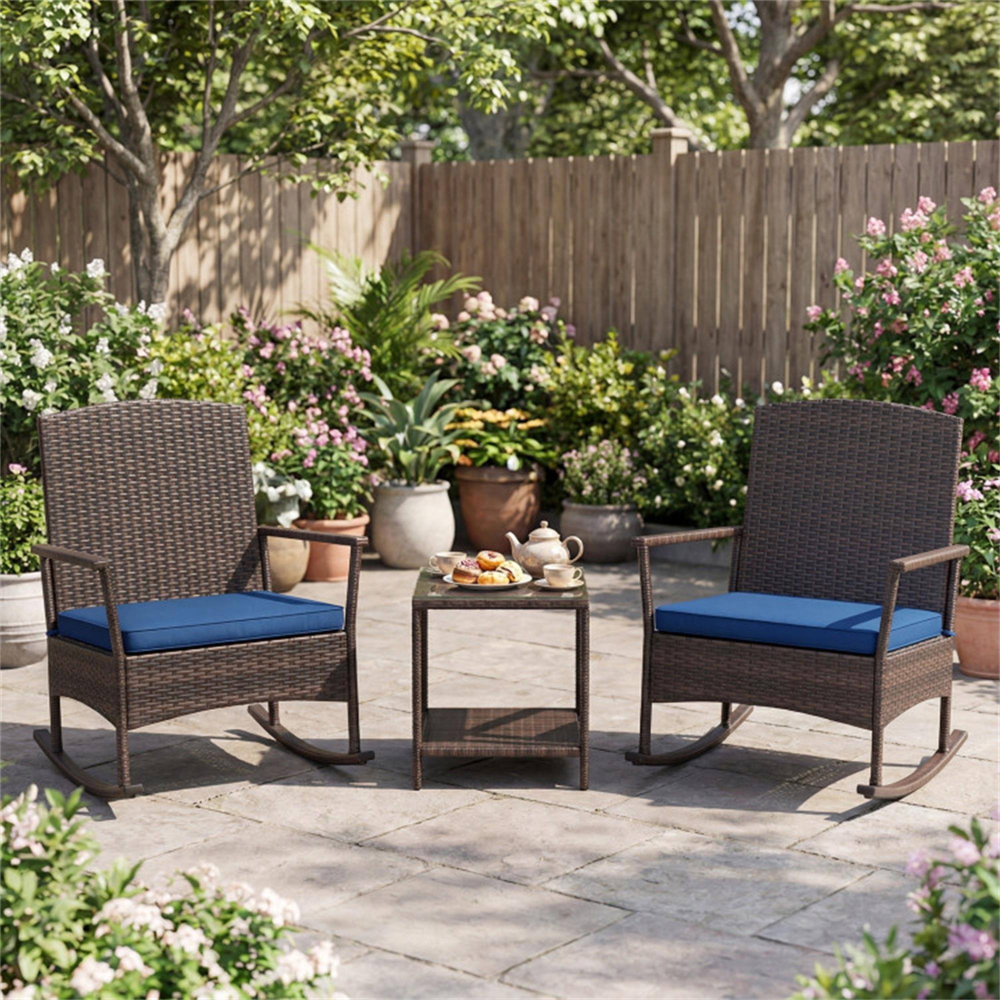 Alt View 2. Boyel Living - Navy 3 Piece Patio Rocking Set Wicker Rocking Chairs with 2-Tier Coffee Table-Navy 275-in W x 340-in D x 255-in H - Navy.