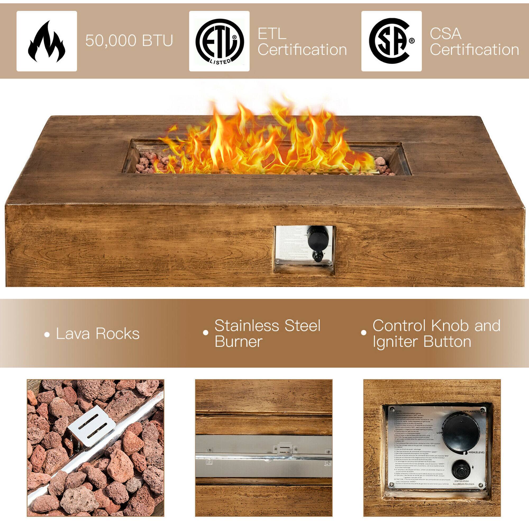 50,000 BTU  
ETL Listed  
ETL Certification  
CSA Certification  

Lava Rocks  
Stainless Steel Burner  
Control Knob and Igniter Button