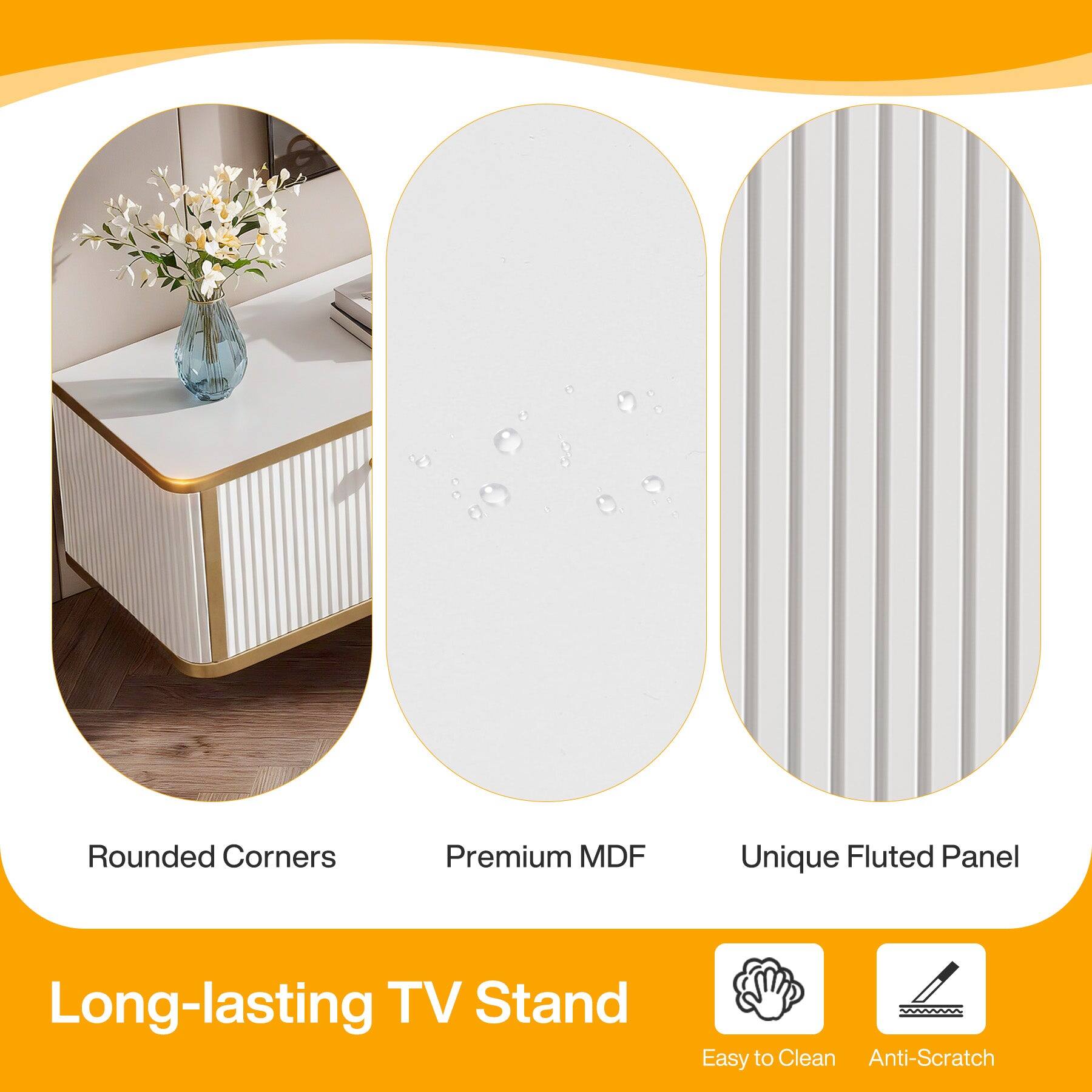 Rounded Corners  
Premium MDF  
Unique Fluted Panel  
Long-lasting TV Stand  
Easy to Clean  
Anti-Scratch