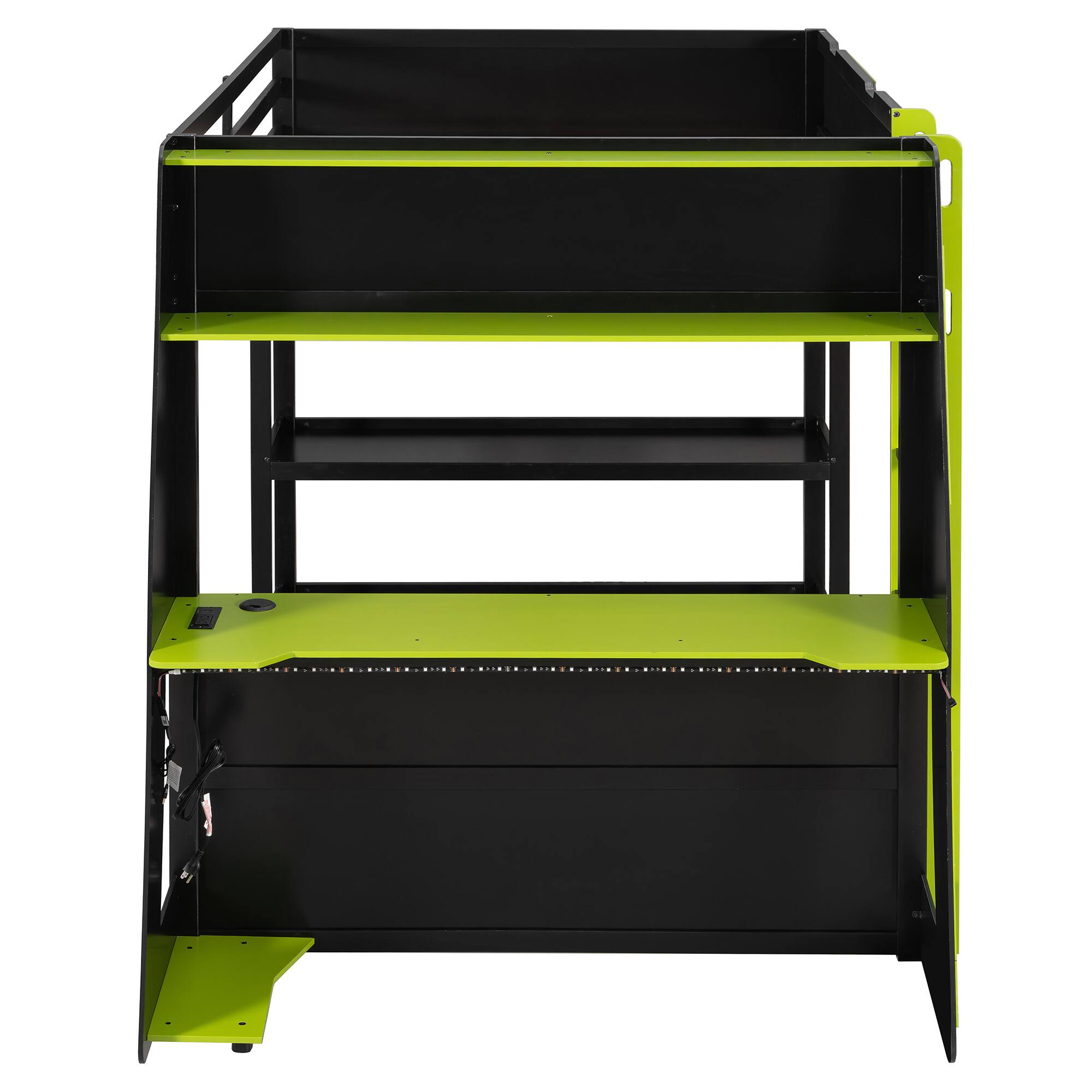 Alt View 4. Whisen - Full Size Loft Bed with Gaming Desk, Built-in Shelves, Power Station & LED Lights for Bedroom - Black|Green.