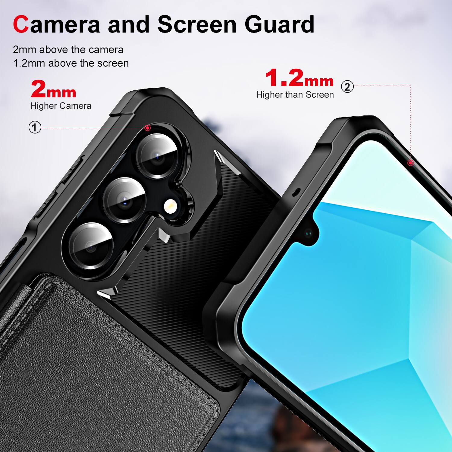 Camera and Screen Guard  
2mm above the camera  
1.2mm above the screen  
2mm  
1.2mm  
Higher than Screen  
Higher Camera