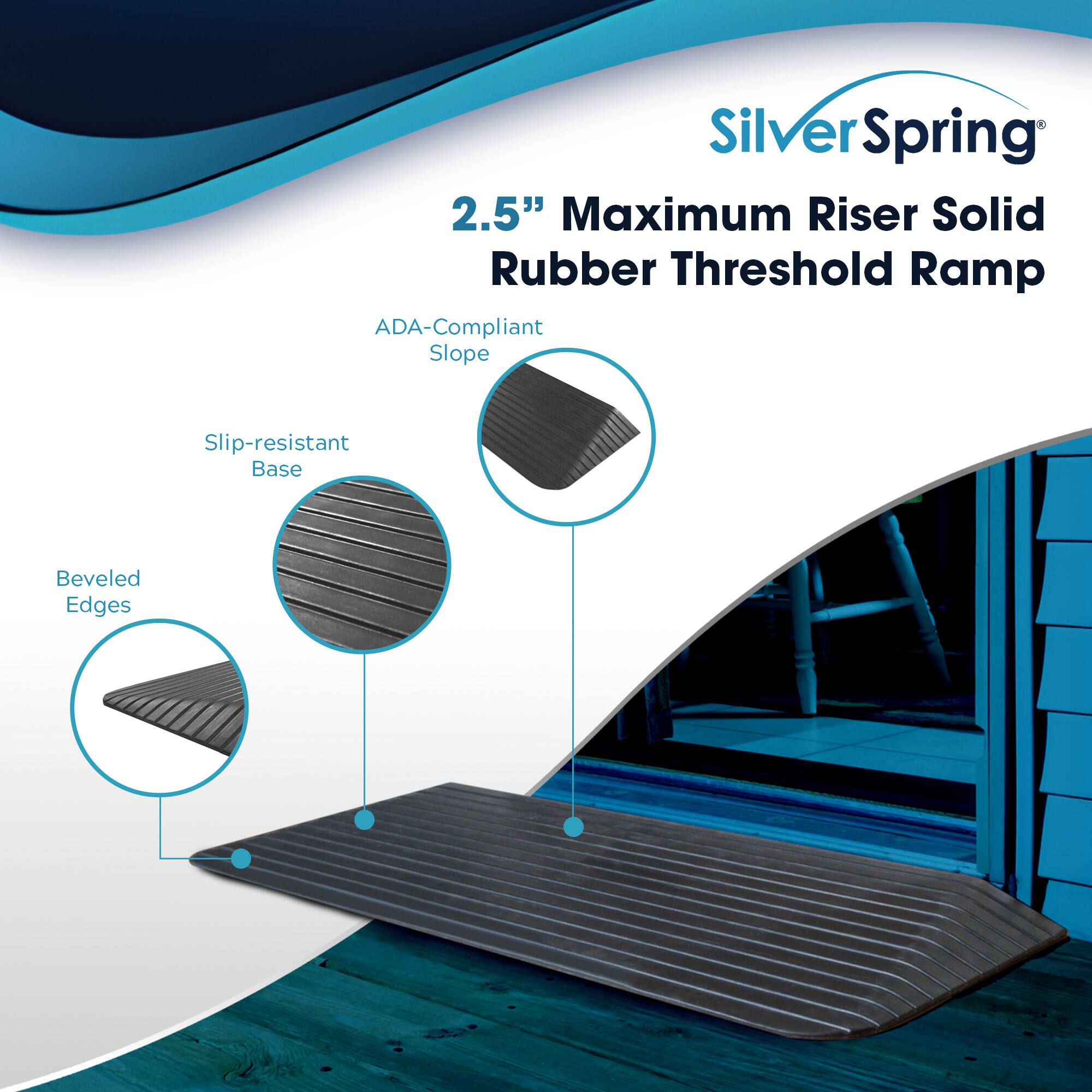 Silver Spring  
2.5" Maximum Riser Solid Rubber Threshold Ramp  
ADA-Compliant Slope  
Slip-resistant Base  
Beveled Edges