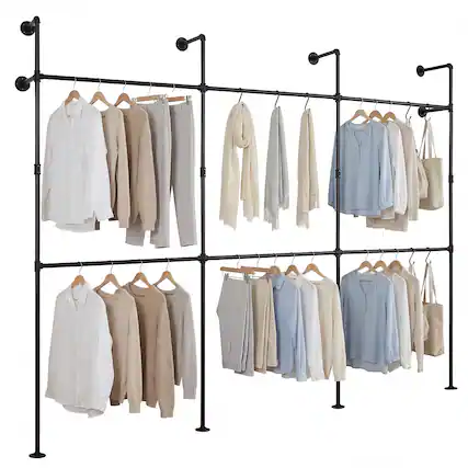 Front. Gymax - Gymax Industrial Pipe Clothing Rack Wall Mounted Heavy-Duty Metal Garment Organizer - Black.