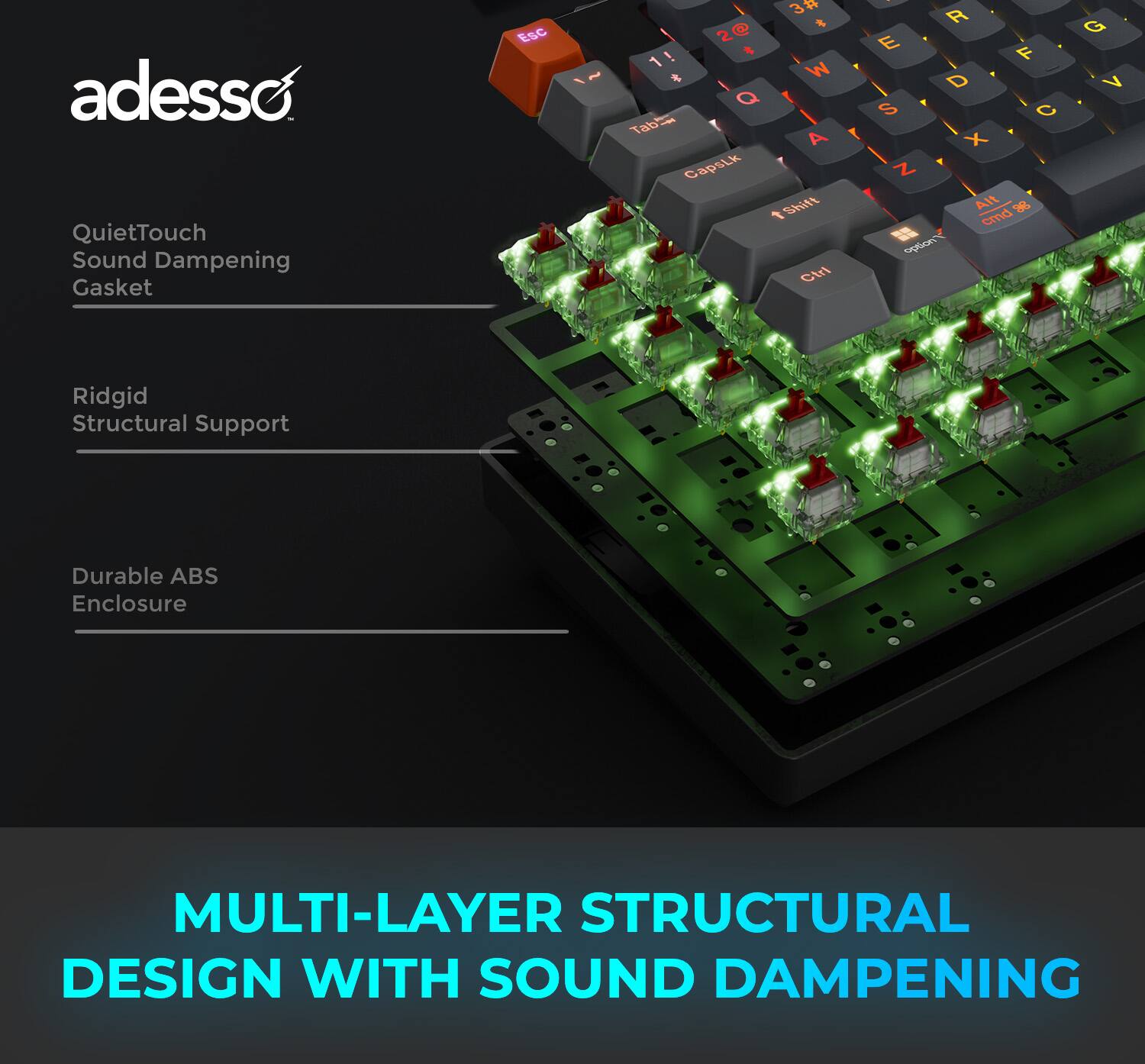 adesso QuietTouch Sound Dampening Gasket Ridgid Structural Support Durable ABS Enclosure MULTI-LAYER STRUCTURAL DESIGN WITH SOUND DAMPENING Esc 3# 2@ ! A 1 W  Q Tab A Capslk Shift Cirl ee R E F D S C X Z AIt 88 amd PRoduo G V