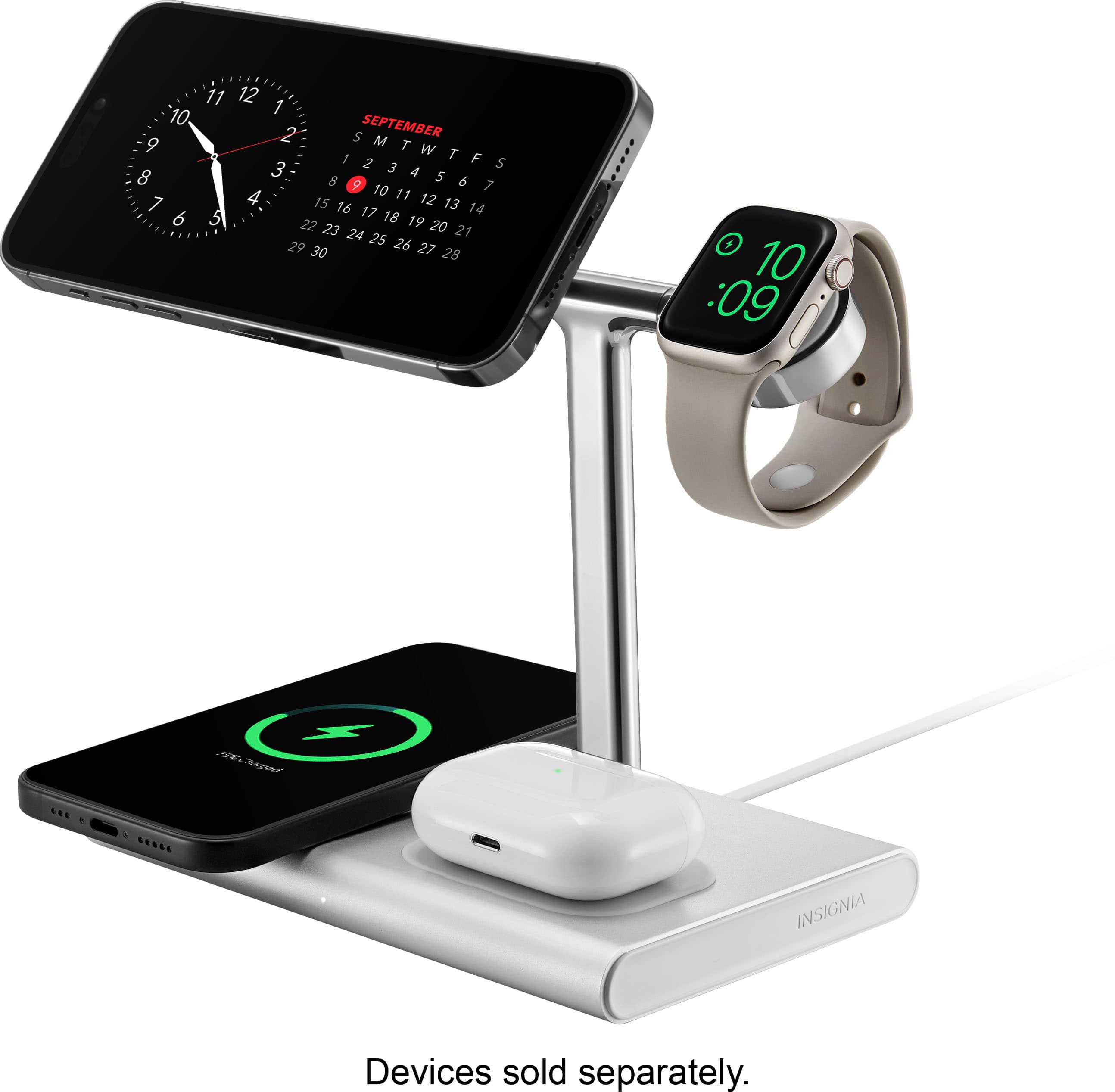 The text on the image reads: "11 12 1 10 SEPTEMBER 9 2 S M T W T F S 3 3 4 8 8 5 6 9 10 7 4 11 12 7 15 16 13 14 6 5 17 18 22 23 19 20 24 25 21 29 30 26 27 28 I O 10 :09 REOVr ... SESSE INSIGNIA Devices sold separately."