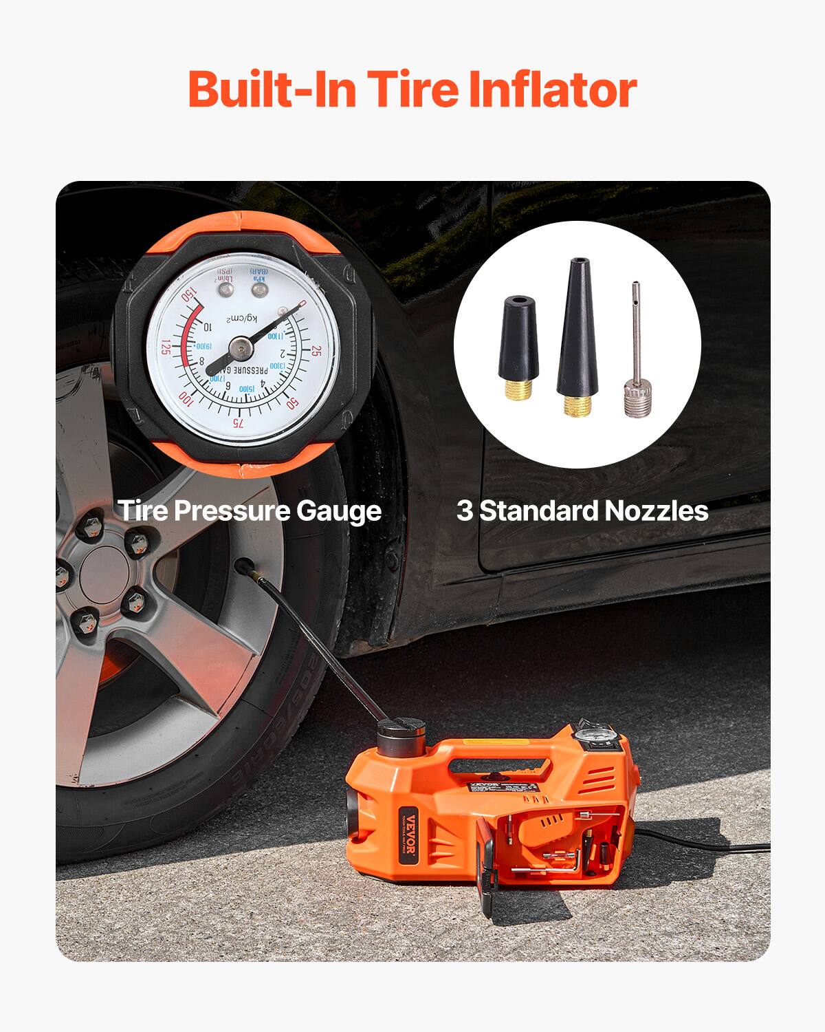 Built-In Tire Inflator

Tire Pressure Gauge

3 Standard Nozzles