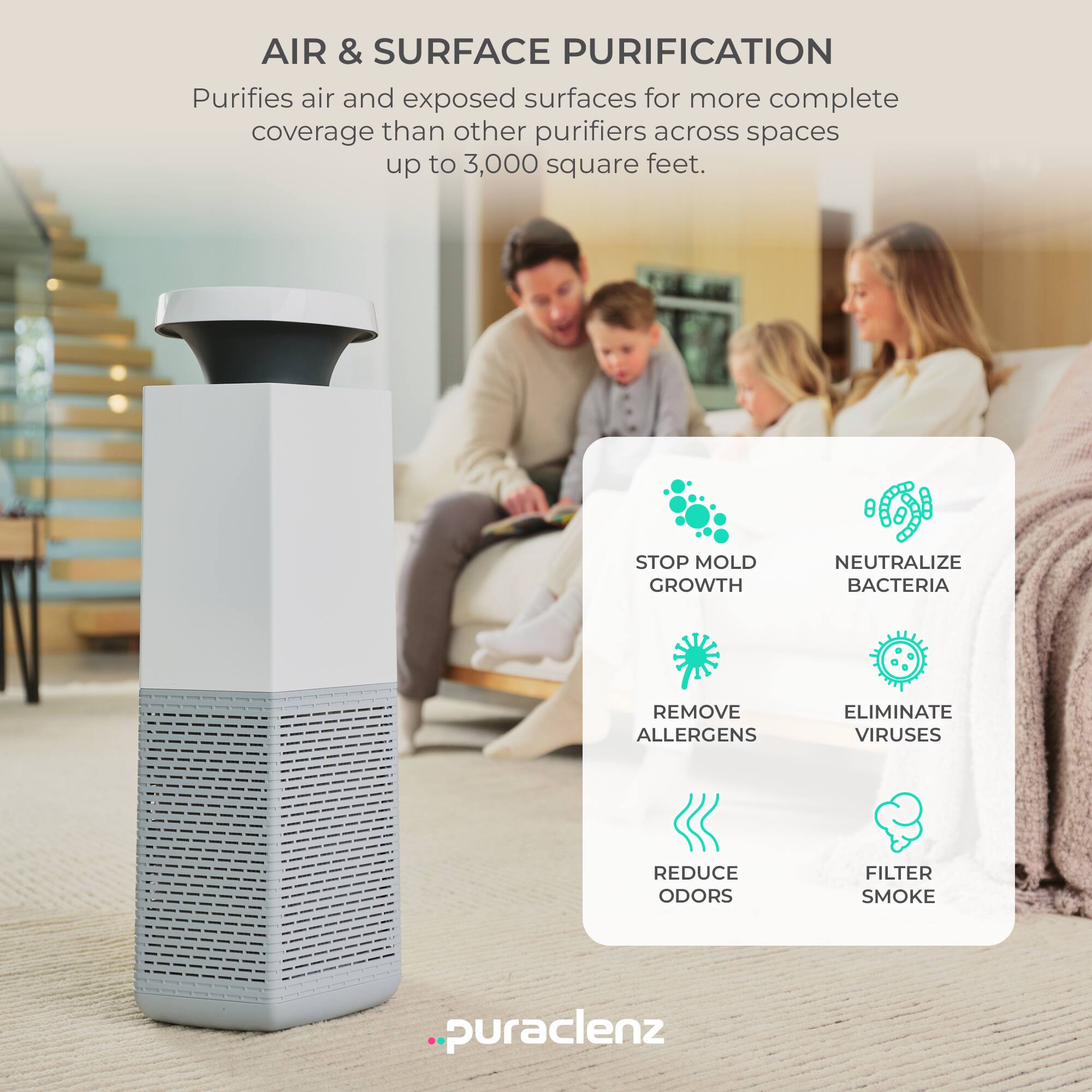 **AIR & SURFACE PURIFICATION**

Purifies air and exposed surfaces for more complete coverage than other purifiers across spaces up to 3,000 square feet.

- STOP MOLD GROWTH
- NEUTRALIZE BACTERIA
- REMOVE ALLERGENS
- ELIMINATE VIRUSES
- REDUCE ODORS
- FILTER SMOKE

puracenz