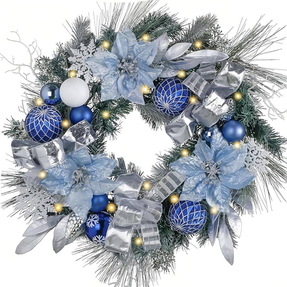 Front. RTMB - 24" Pre-Lit Christmas Wreath, Silver & Blue, Outdoor Holiday Decor - Silver/Blue.