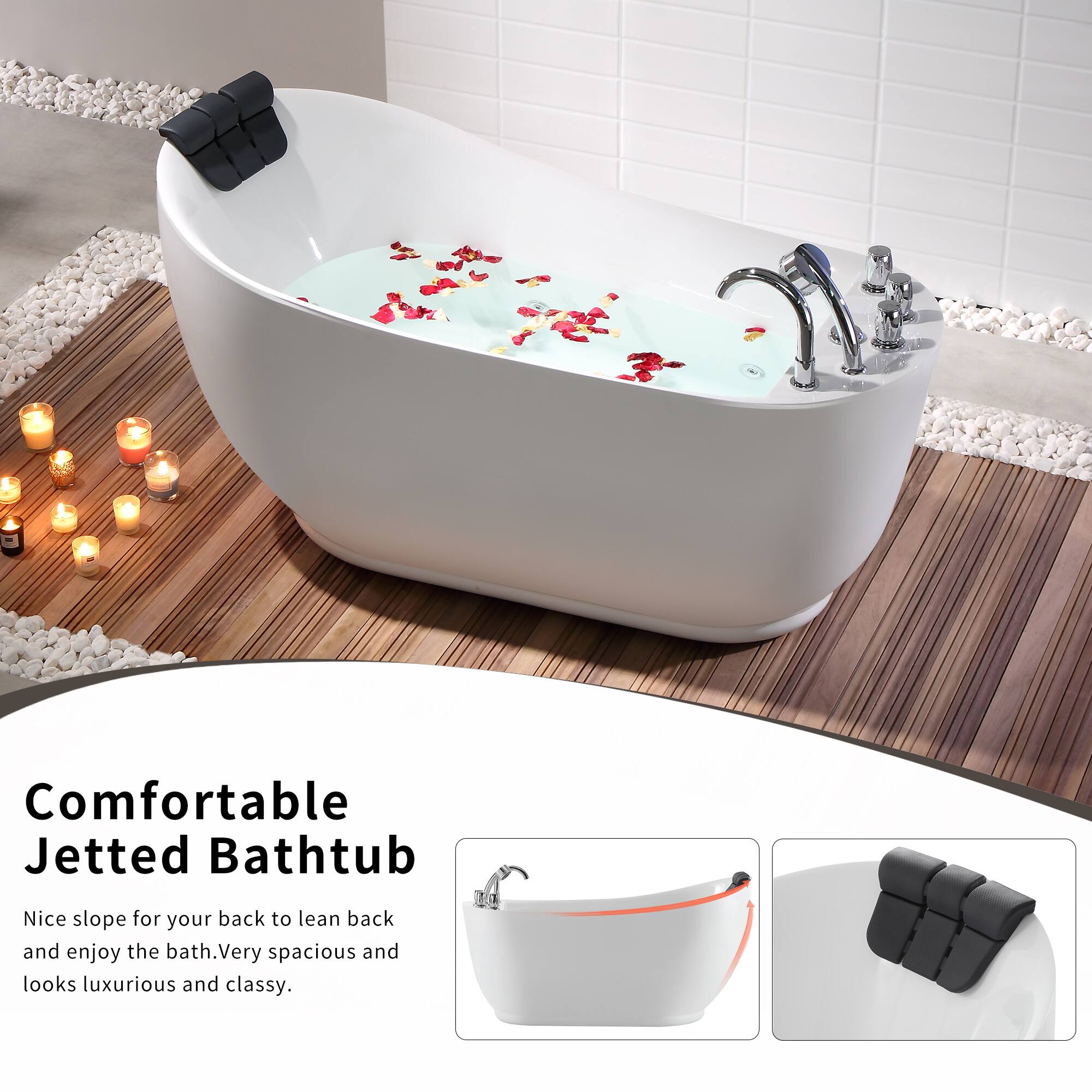 Comfortable Jetted Bathtub  
Nice slope for your back to lean back and enjoy the bath. Very spacious and looks luxurious and classy.