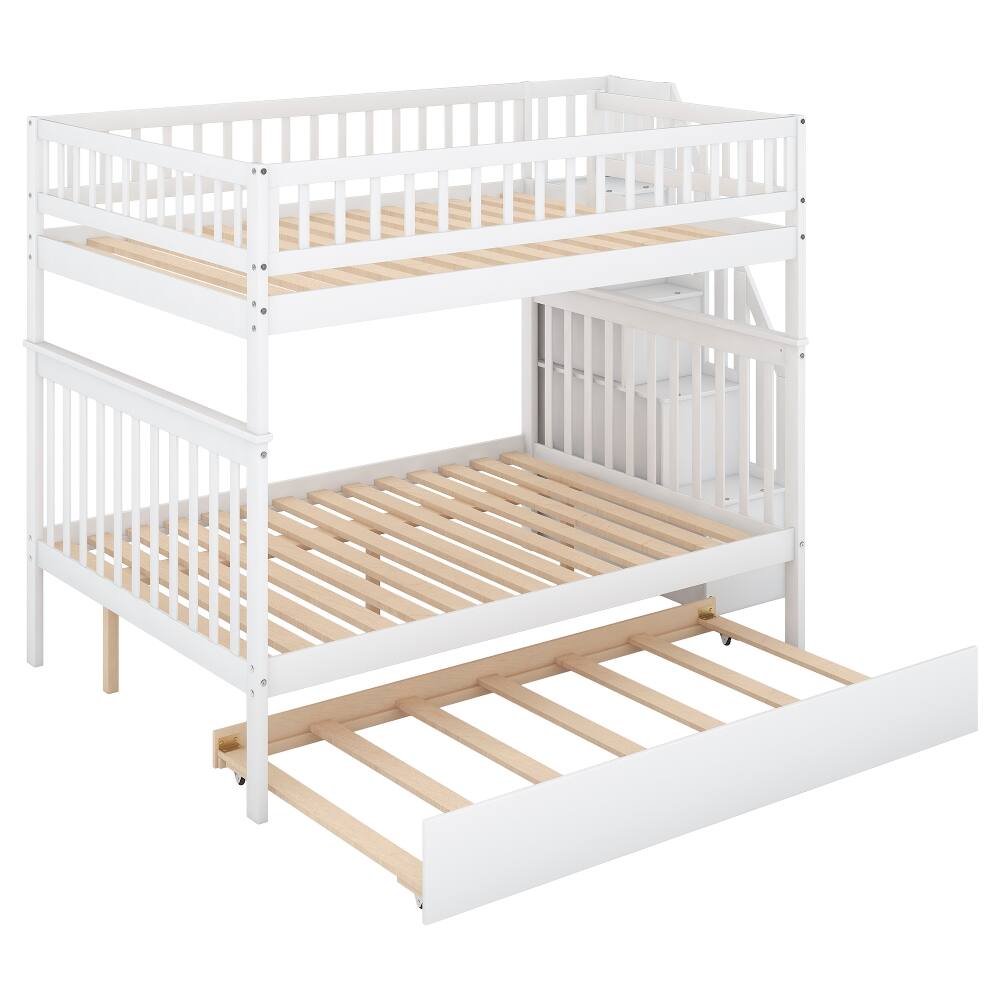Alt View 8. Loheer - Loheer Full Over Full Bunk Bed with Trundle and Stairs, White Solid Wood 3 in 1 Bunk Bed - White.
