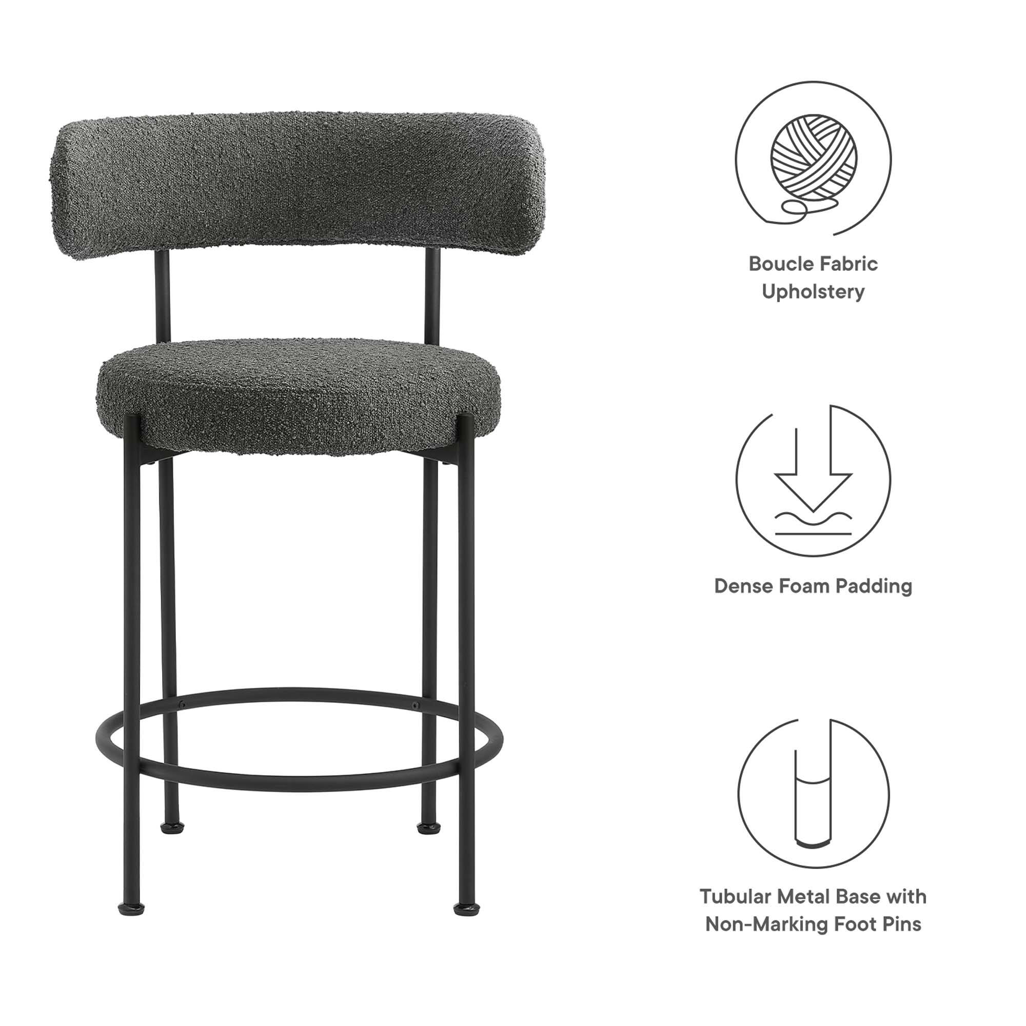 - Boucle Fabric Upholstery
- Dense Foam Padding
- Tubular Metal Base with Non-Marking Foot Pins