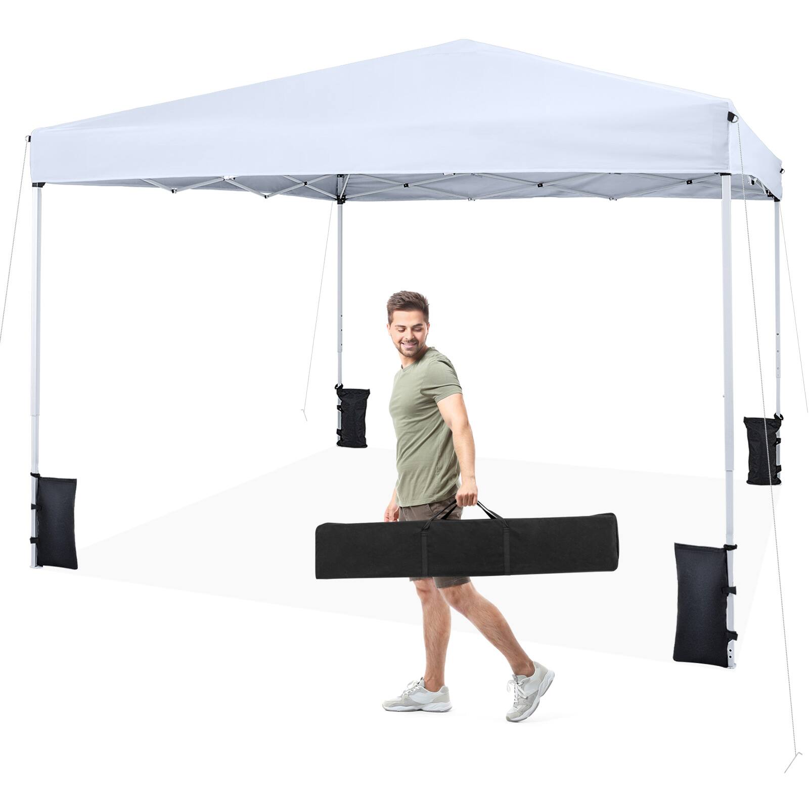 Gymax - 10 x 10 FT Pop up Canopy Tent w/Carrying Bag 4 Sandbags 8 Stakes 4 Wind Ropes - White