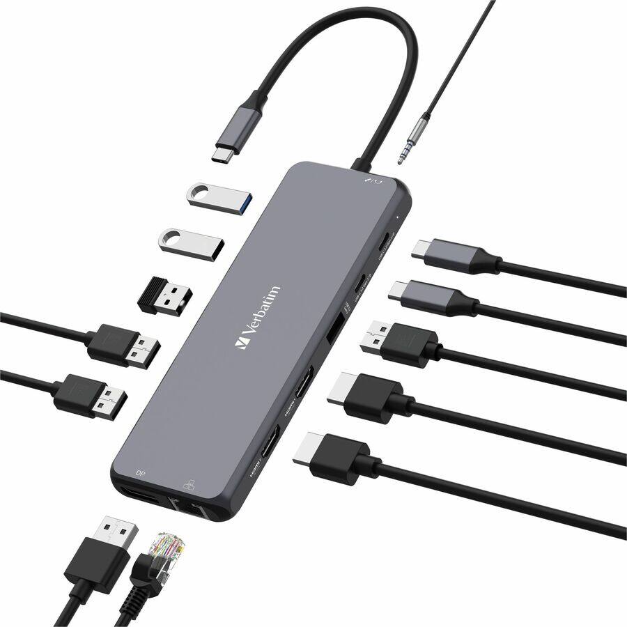 Alt View 2. Verbatim - Verbatim USB-C ™Pro Multiport Hub CMH 13 - 13 Ports - for Monitor, Headphone, Speaker - Charging Capability - Gray.