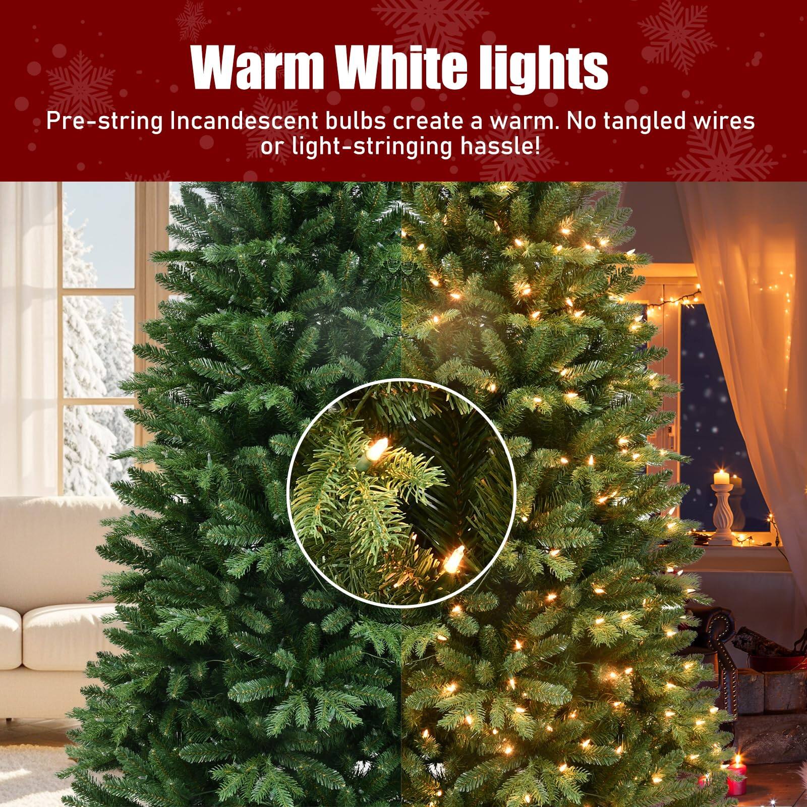 Warm White lights

Pre-string Incandescent bulbs create a warm. No tangled wires or light-stringing hassle!