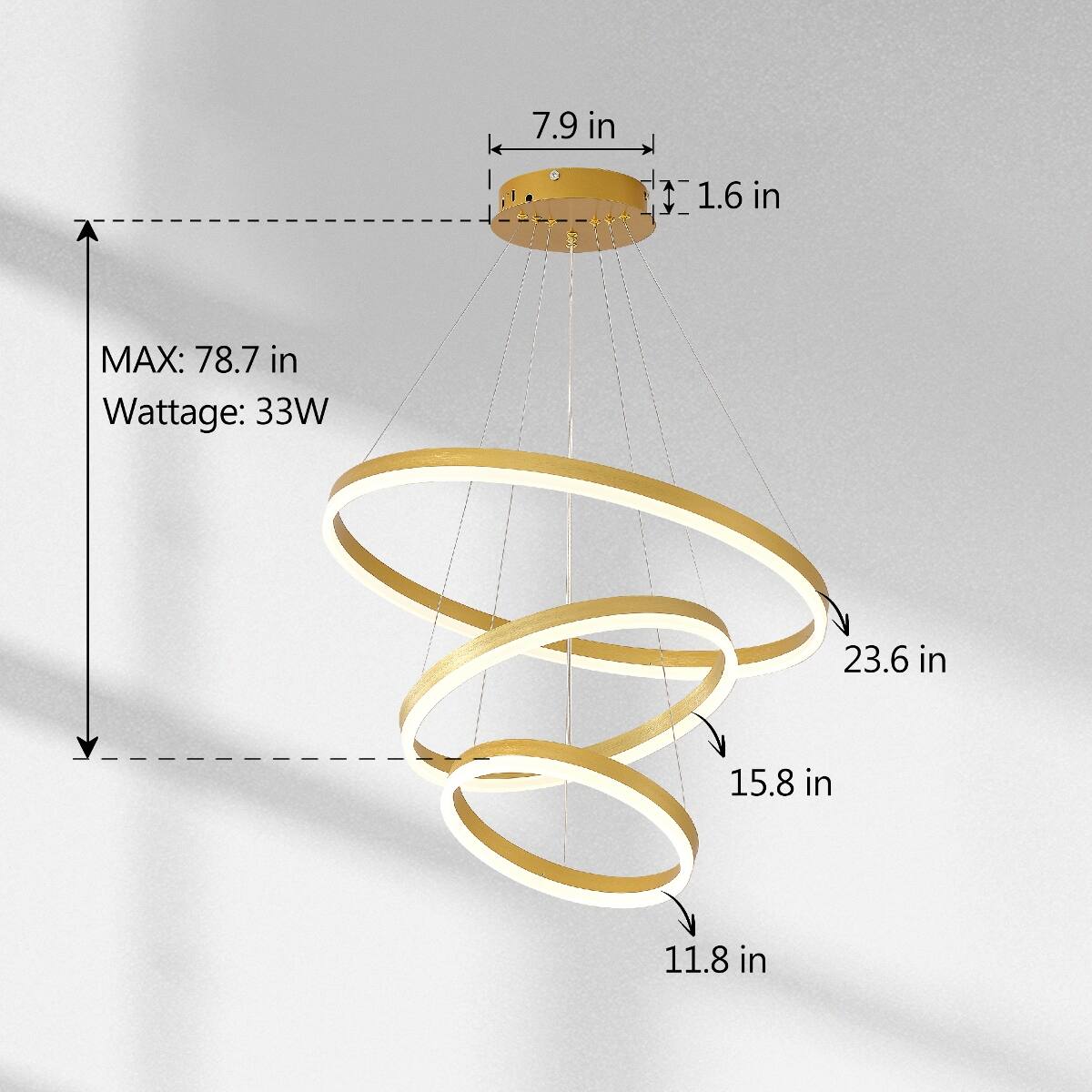 7.9 in  
1.6 in  
MAX: 78.7 in  
Wattage: 33W  
23.6 in  
15.8 in  
11.8 in