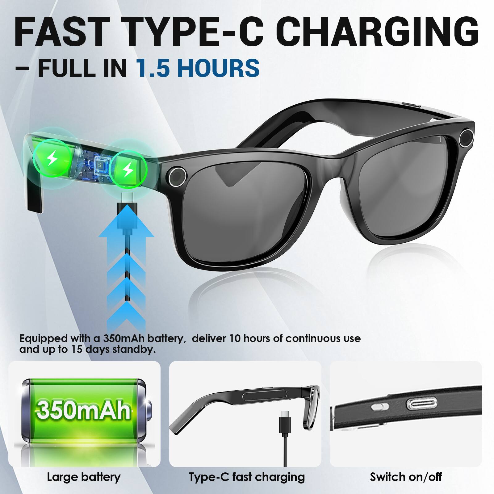 FAST TYPE-C CHARGING  
- FULL IN 1.5 HOURS

Equipped with a 350mAh battery, deliver 10 hours of continuous use and up to 15 days standby.

350mAh  
Large battery

Type-C fast charging

Switch on/off
