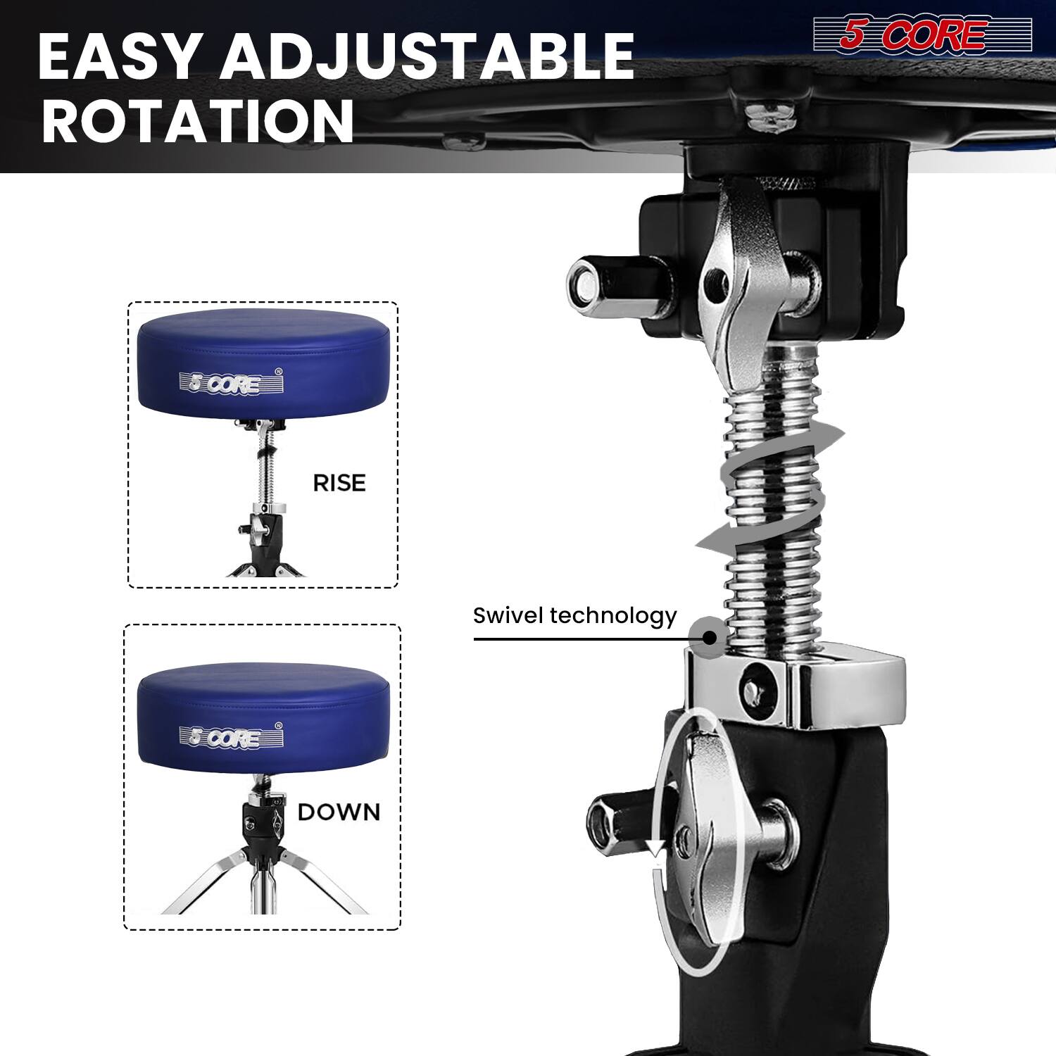 EASY ADJUSTABLE ROTATION

5 CORE

RISE

DOWN

Swivel technology