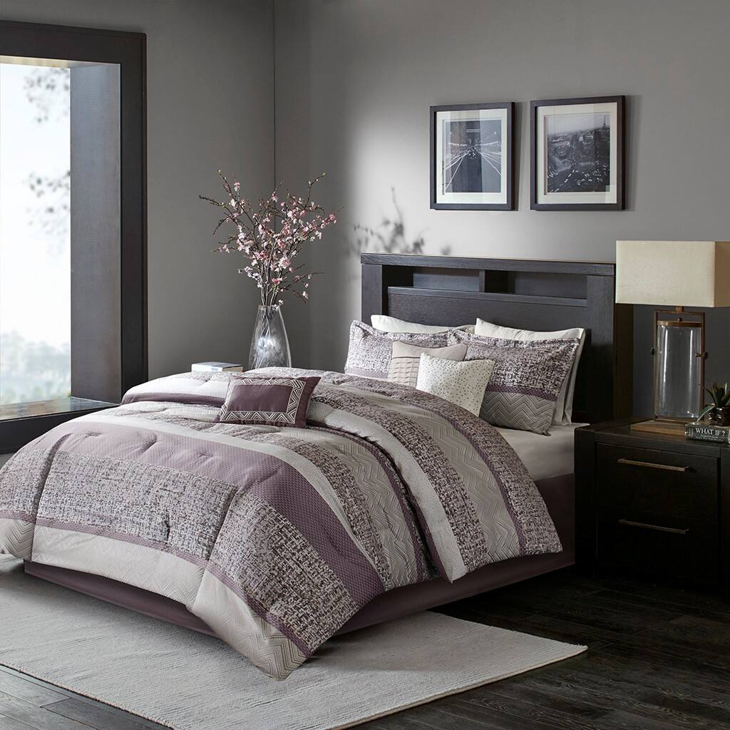 Alt View 1. Gracie Mills - Gracie Mills Hickman 7-Piece Transitional Striped Jacquard Comforter Set - Purple.