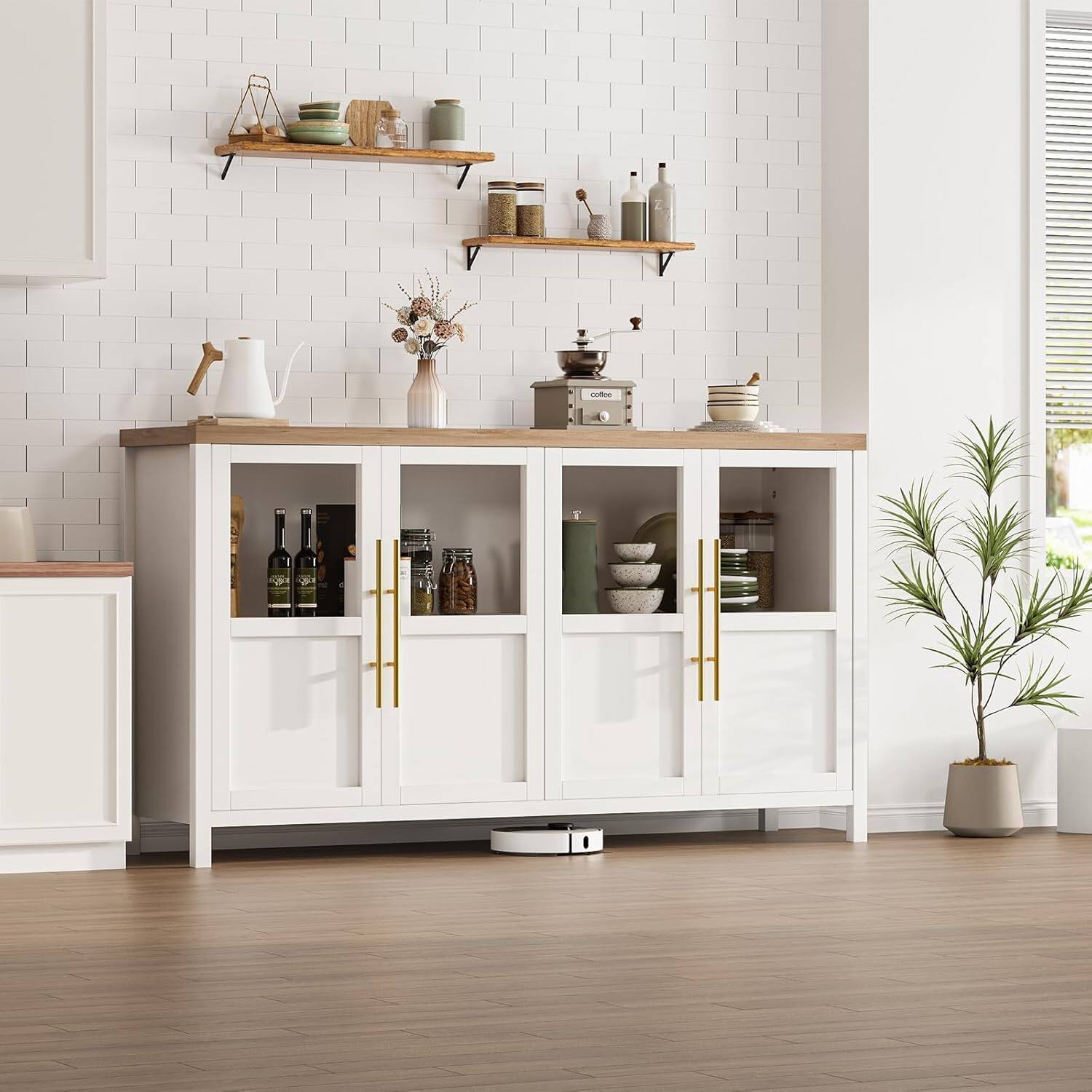 Alt View 1. Jojoka - Glass Door Buffet Cabinet, 55-Inch Modern Rustic Farmhouse Sideboard - White.