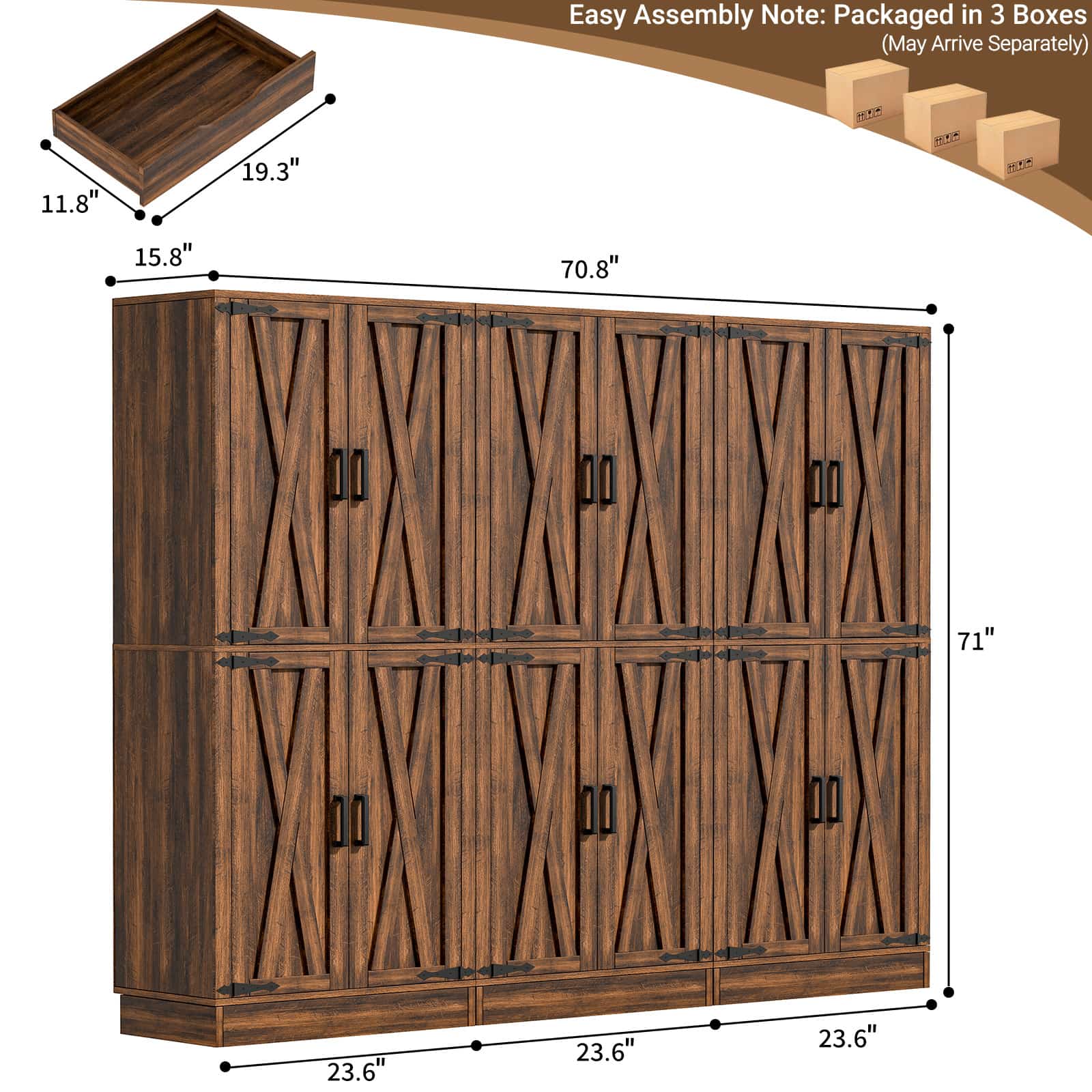 Easy Assembly Note: Packaged in 3 Boxes (May Arrive Separately)

11.8" x 19.3" x 15.8"  
70.8" x 71" x 23.6" x 23.6" x 23.6"