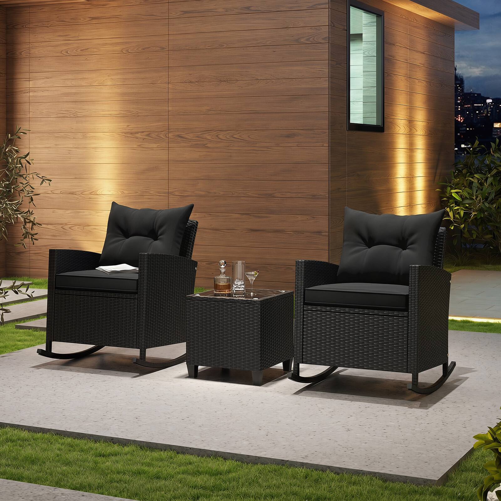 Alt View 3. Gymax - Gymax Set of 3 Patio Wicker Rocking Set w/ Tempered Glass Table & Soft Cushions Outdoor - Black.