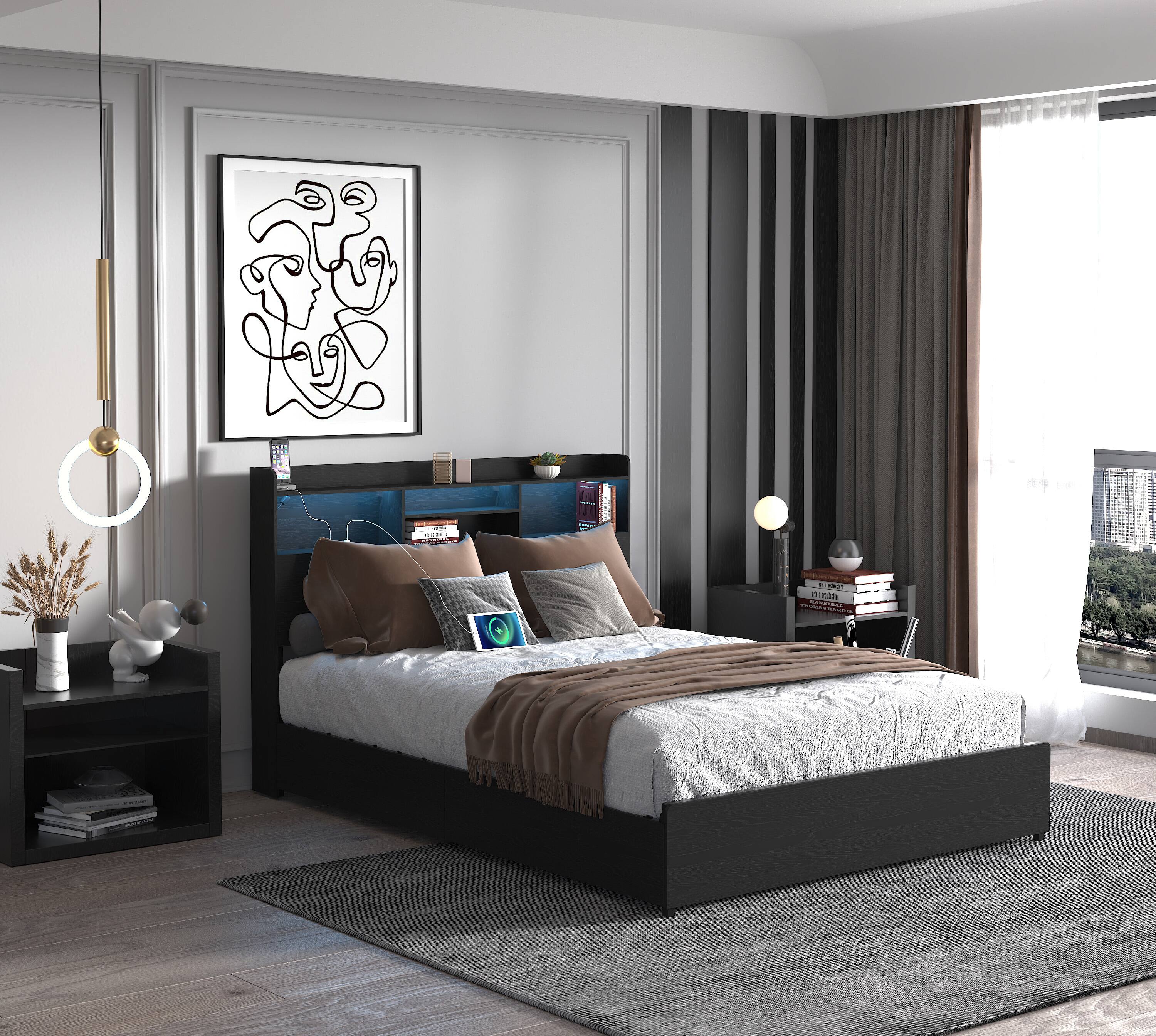 Angle. LUCKY ONE - Full Size Bed Frame with 4 Storage Drawers and Storage Shelf - Black.