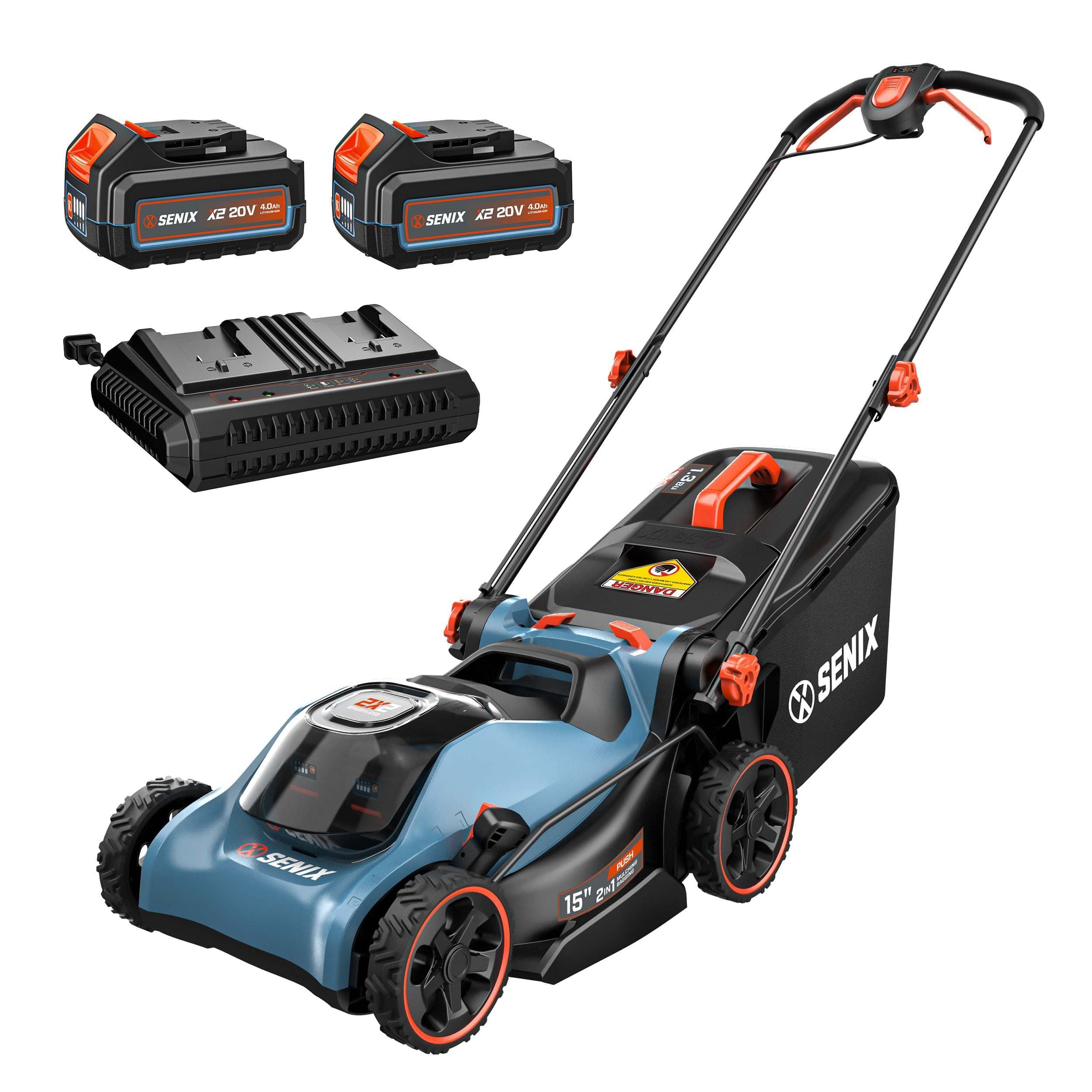 SENIX - 2X2 40V Max* 15" Cordless Lawn Mower 2-in-1 Bagging & Mulching, Brushless (2 4.0 Ah Batteries & Charger Included) - Blue