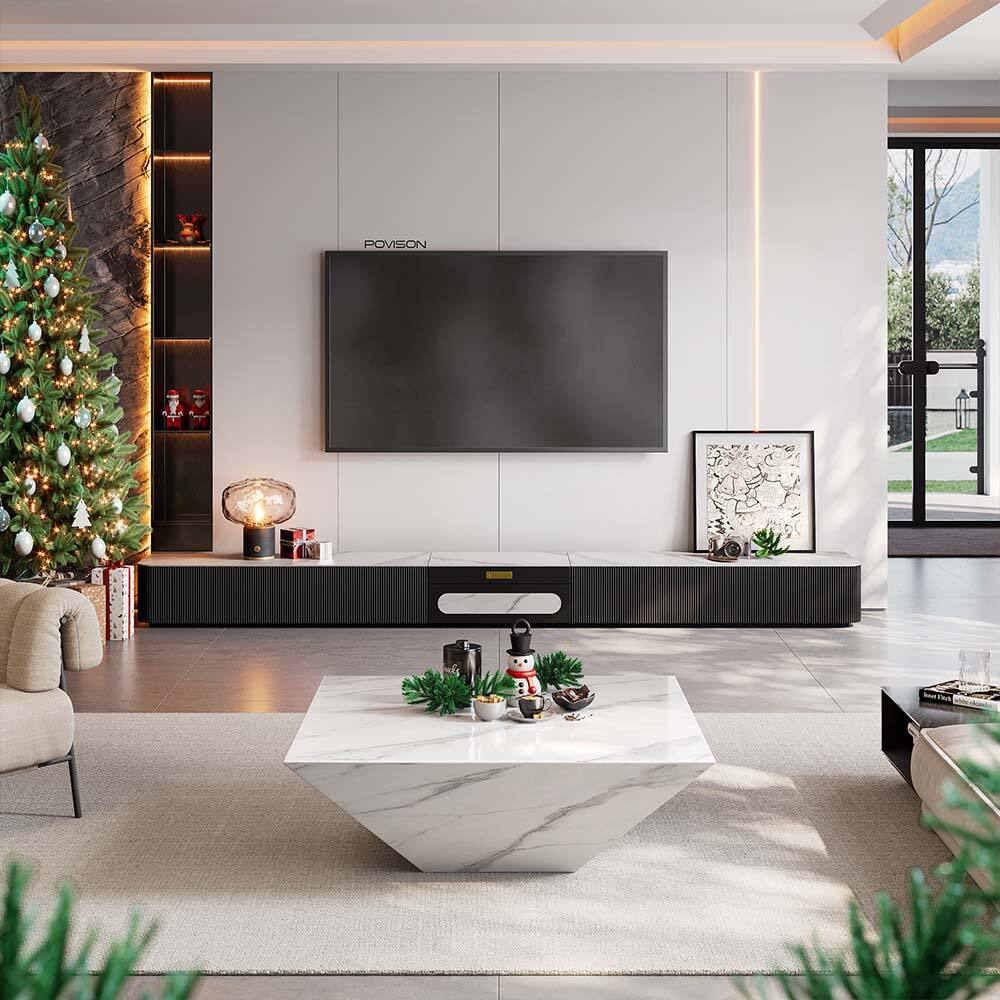 Angle. POVISON - 125" Modern TV Stand for Projector, Sintered Stone TV Cabinet with Drawers for Home Theater, Black & White - White & Black.