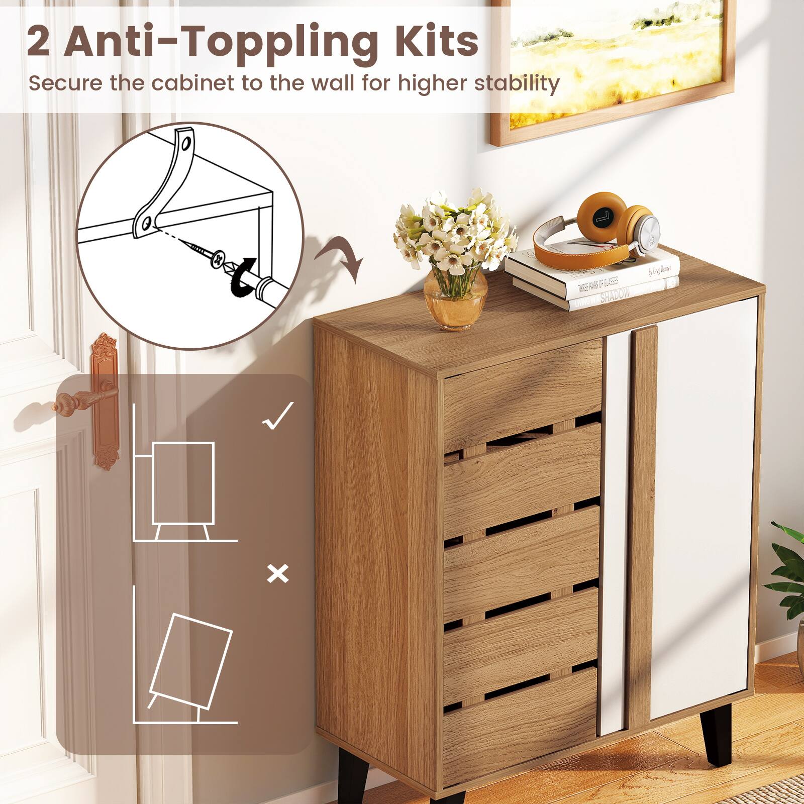 2 Anti-Topping Kits  
Secure the cabinet to the wall for higher stability