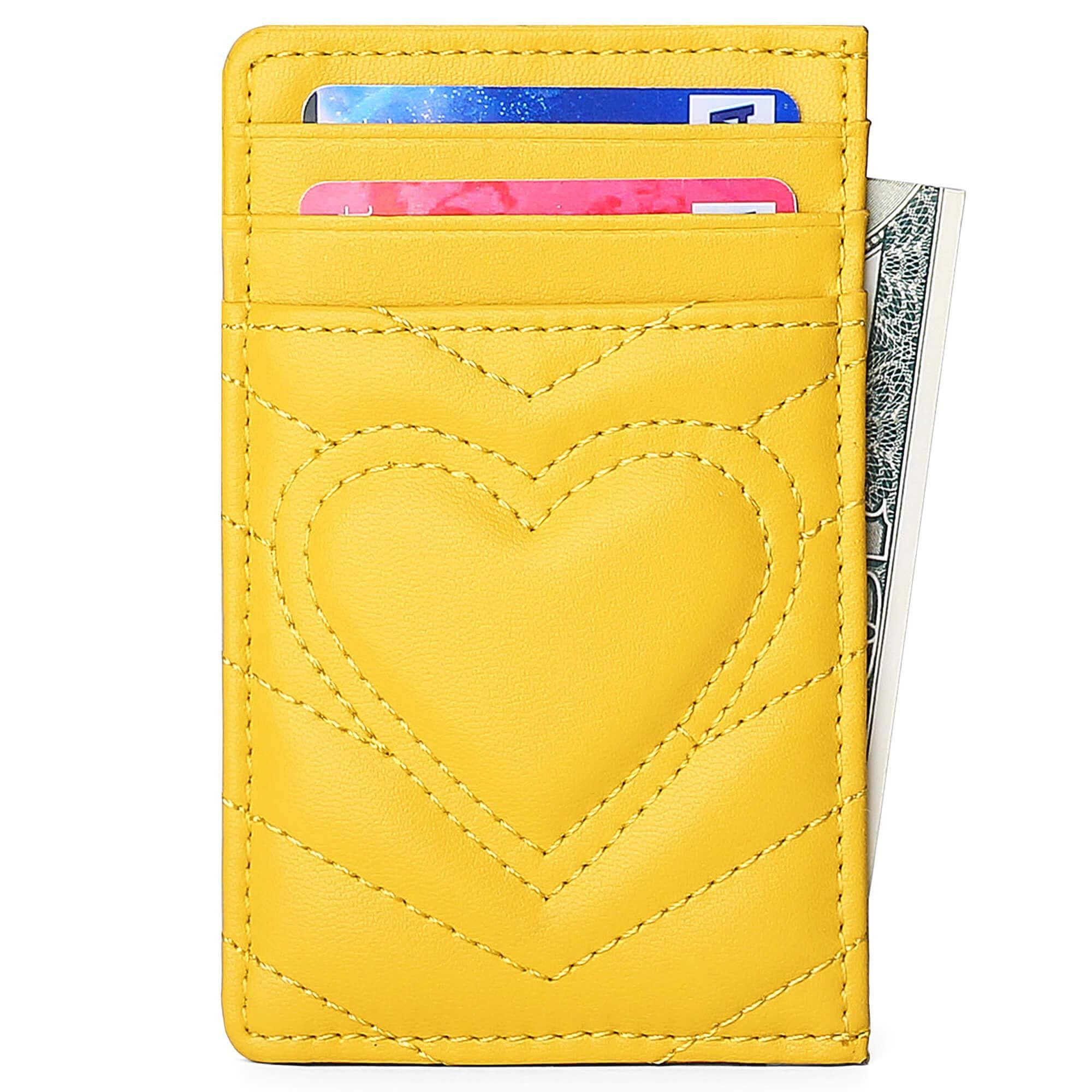 Jadie Link - Quilted Leather Card Holder Wallet Women Rfid Blocking Cute Heart Design Thecredit card holder women features card - Yellow-Small