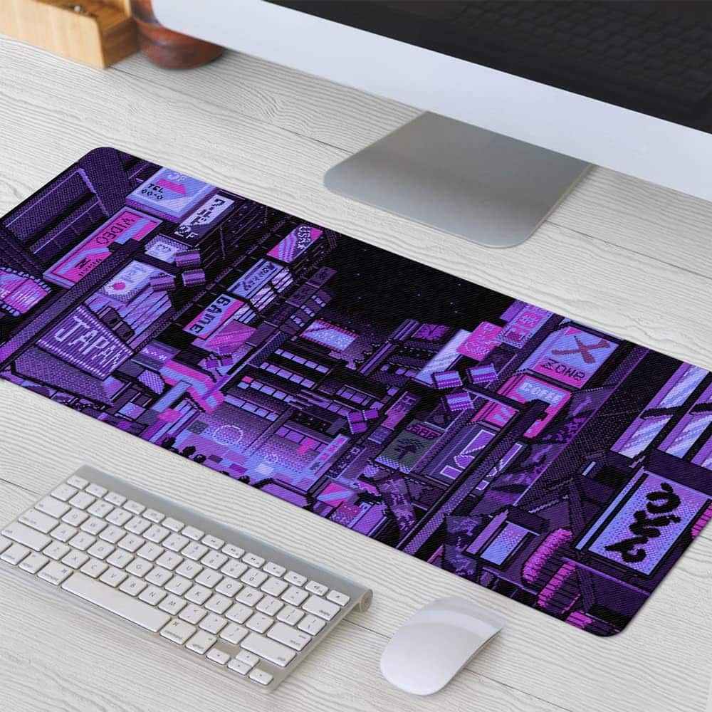 Designfullprint - Japanese Vaporwave Anime Mouse Pad – Dark Purple Kawaii Large Gaming Desk Mat for Keyboard Setup - Multicolor