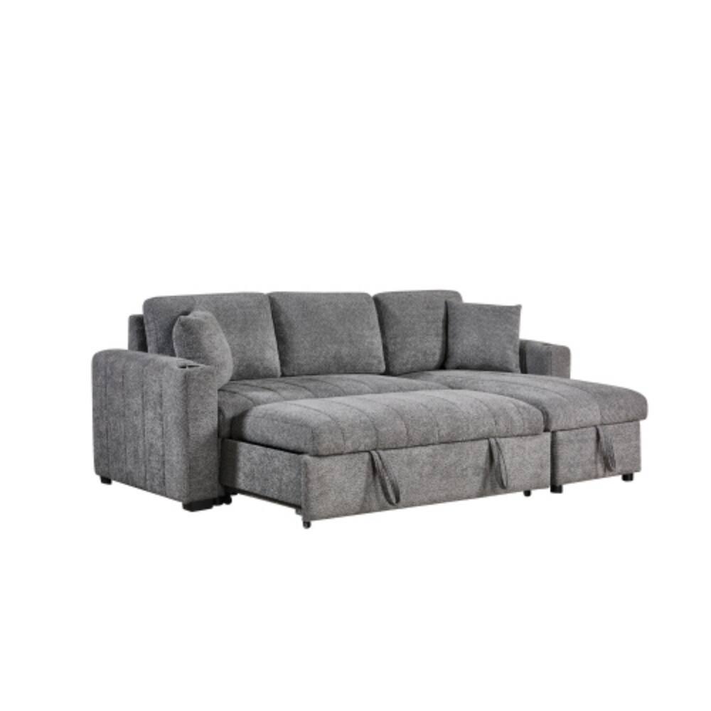 Back. LUCKY ONE - 96" Gray Boucle Reversible Sleeper Sectional Sofa with Storage Chaise, Cupholders, USB Charging, and Throw Pillows - Gray.