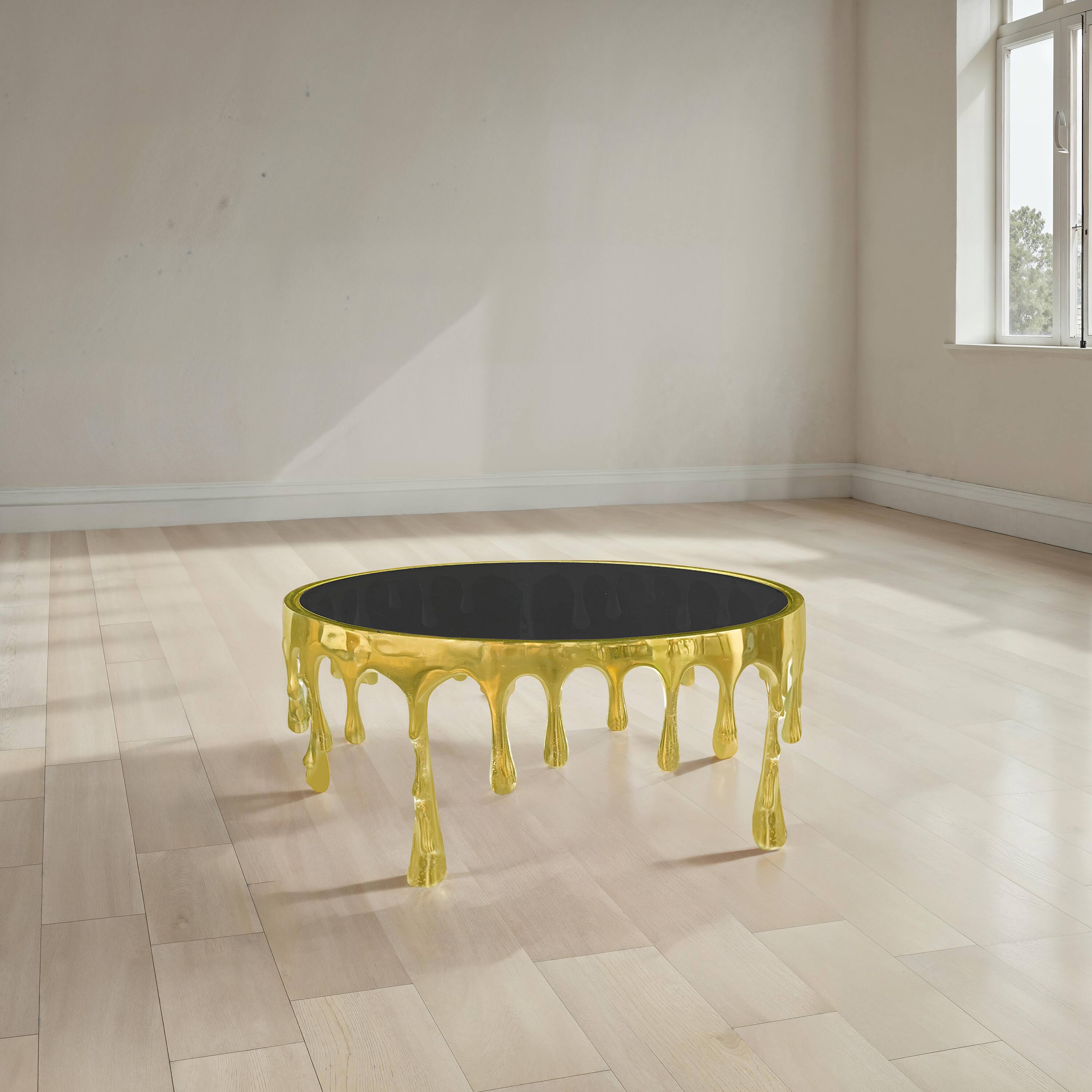 Alt View 7. Manhattan Lane - Capri Coffee Table | 36 Inch Round Glass Top | Melting Drip Design - Gold, Black.