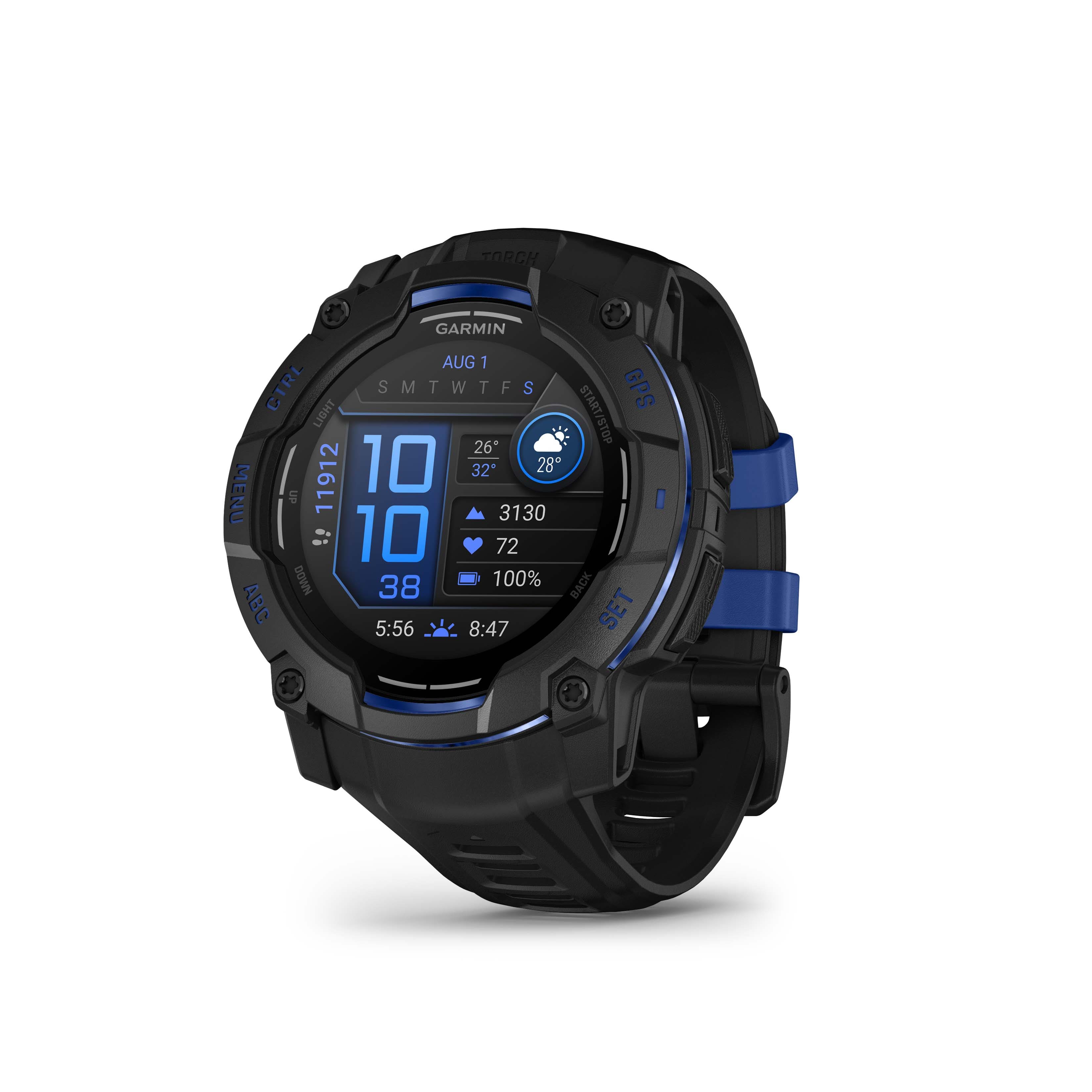 Garmin - Instinct 3 AMOLED GPS Smartwatch 50 mm Fiber-reinforced Polymer - Black with black/bolt blue silicone band - (2025) - Front_Zoom