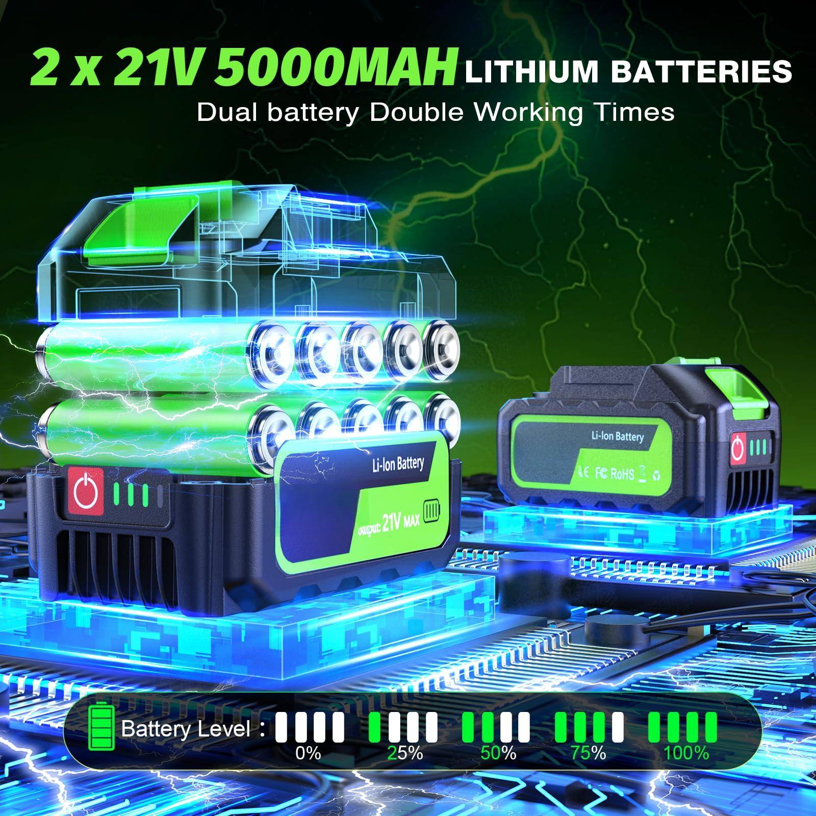 2 x 21V 5000MAH LITHIUM BATTERIES  
Dual battery Double Working Times  

Li-lon Battery  
Li-lon Battery  

Battery Level:  
0% 25% 50% 75% 100%  

Li-ion Battery  
Li-ion Battery  

Output: 21V MAX  

Battery Level:  
0% 25% 50% 75% 100%  

LE FC RoHS III