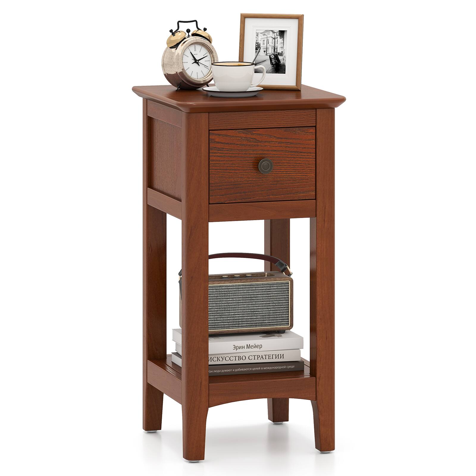 Front. Gymax - Gymax Nightstand 3-Tier Bedside Table w/ Open Storage Shelf & Narrow Side Table Brown - Walnut.