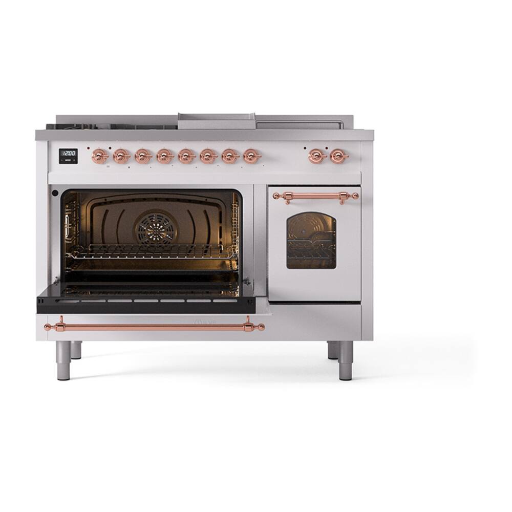 Alt View 5. ILVE - ILVE Nostalgie II Series 48 in. Dual Fuel Range with 5 Sealed Burners + Griddle (Natural Gas, Copper Trim) - White.