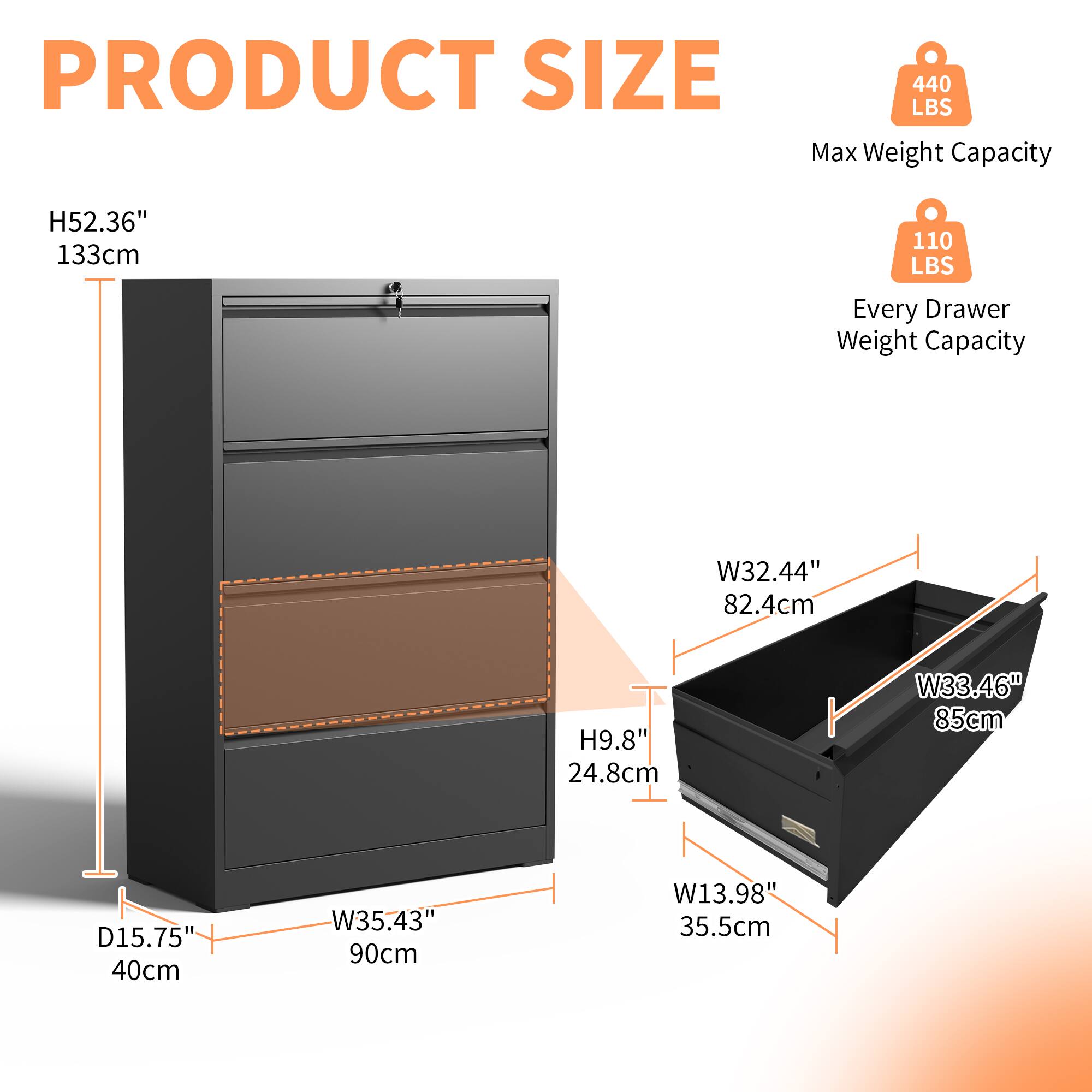PRODUCT SIZE

Max Weight Capacity: 440 LBS

Every Drawer Weight Capacity: 110 LBS

H52.36" 133cm

W35.43" 90cm

D15.75" 40cm

W32.44" 82.4cm

H9.8" 24.8cm

W33.46" 85cm

W13.98" 35.5cm