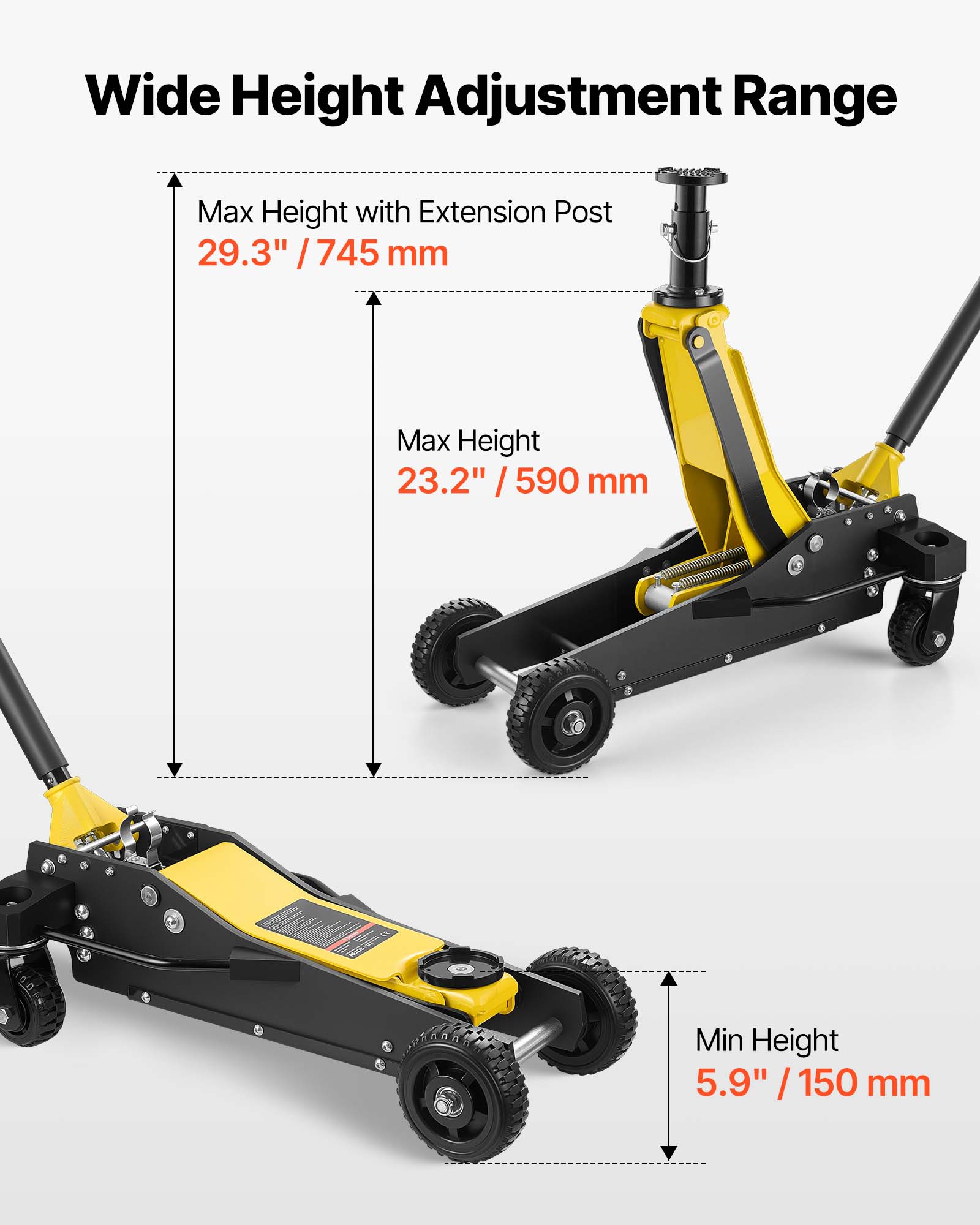 Wide Height Adjustment Range  
Max Height with Extension Post: 29.3" / 745 mm  
Max Height: 23.2" / 590 mm  
Min Height: 5.9" / 150 mm